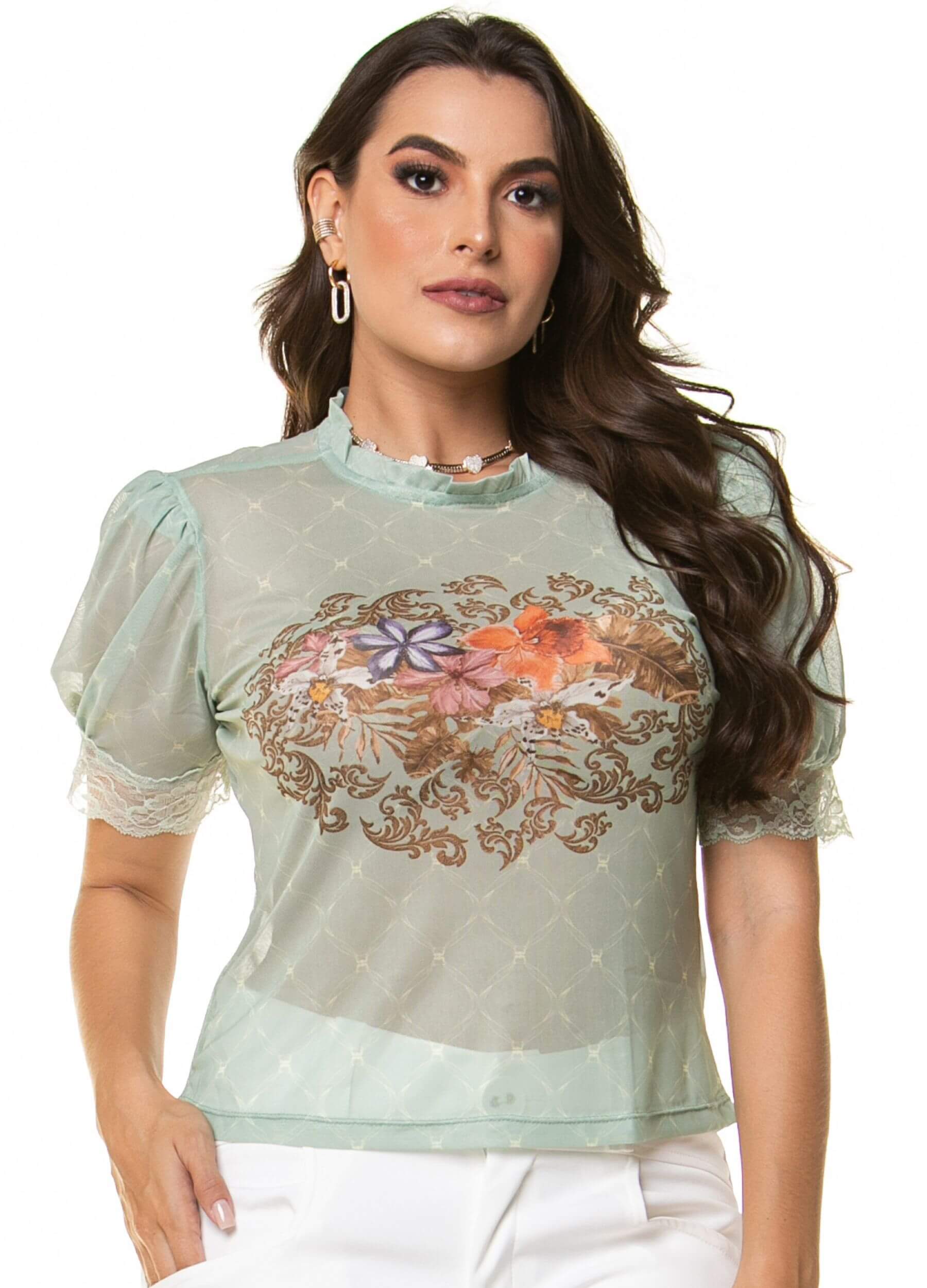T-SHIRT DE TULE COM ESTAMPA LOCALIZADA 