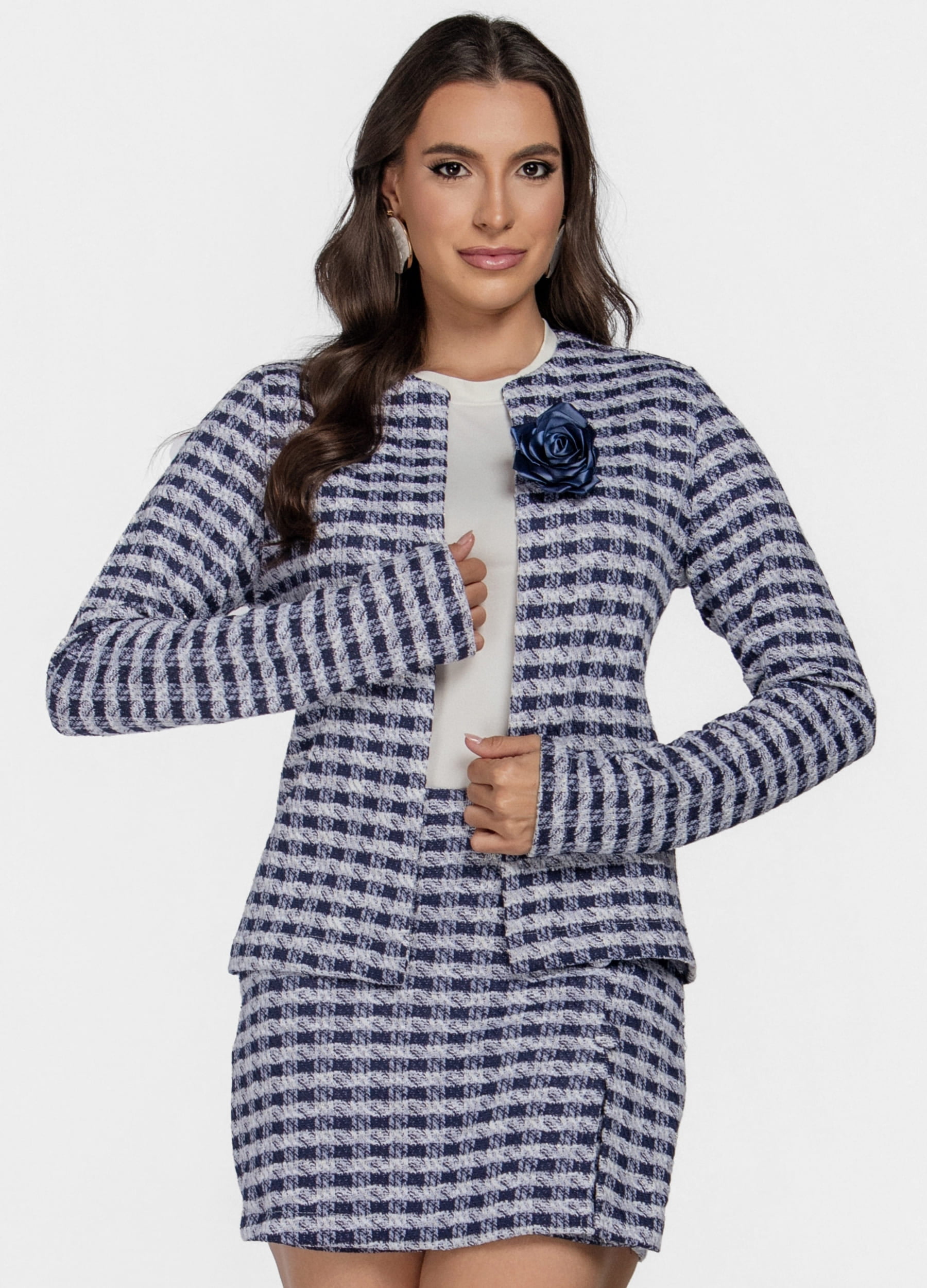 CASACO FEMININO JACQUARD XADREX COM FLOR 
