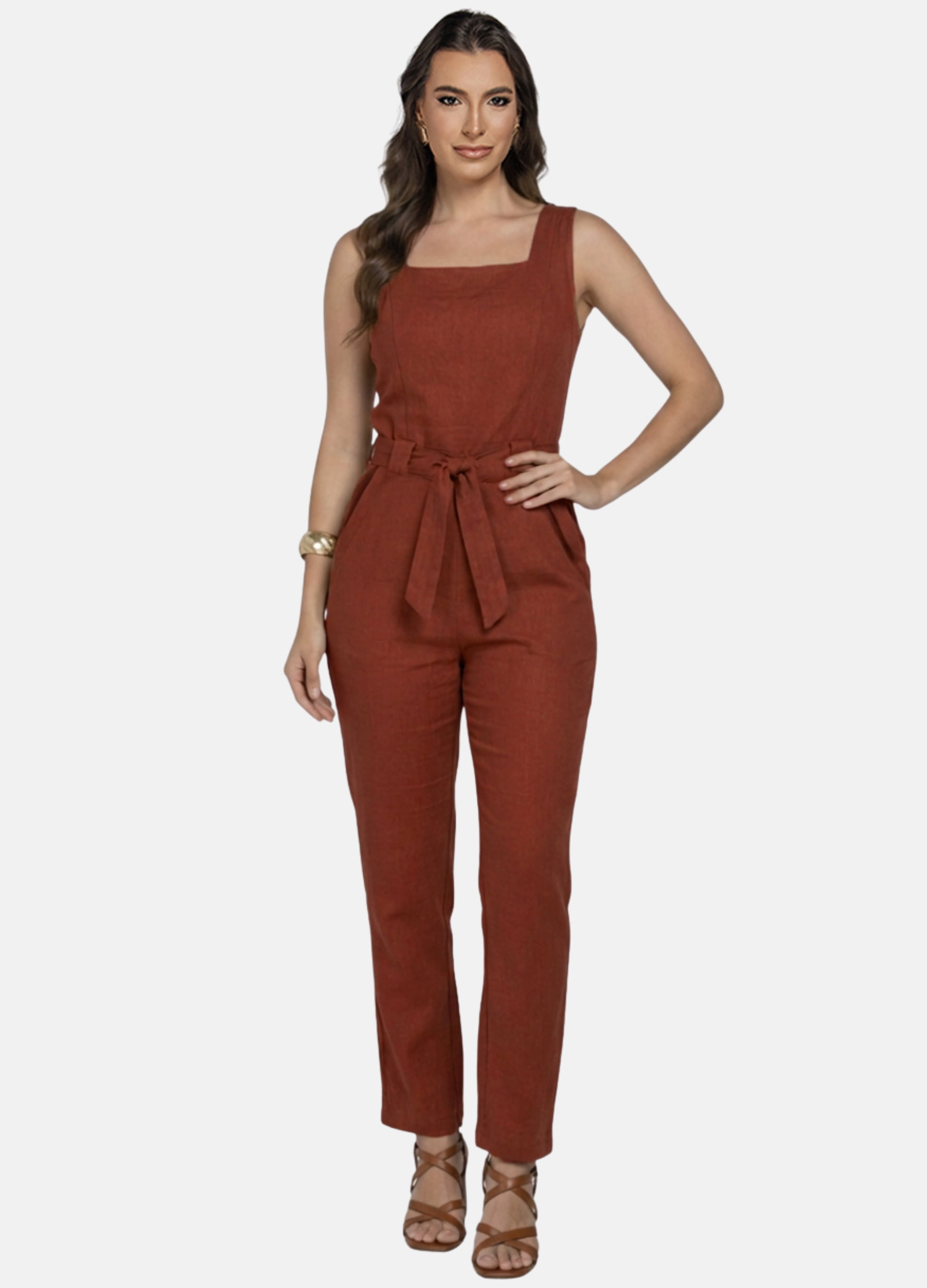 MACACÃO FEMININO LINHO COM BOLSO