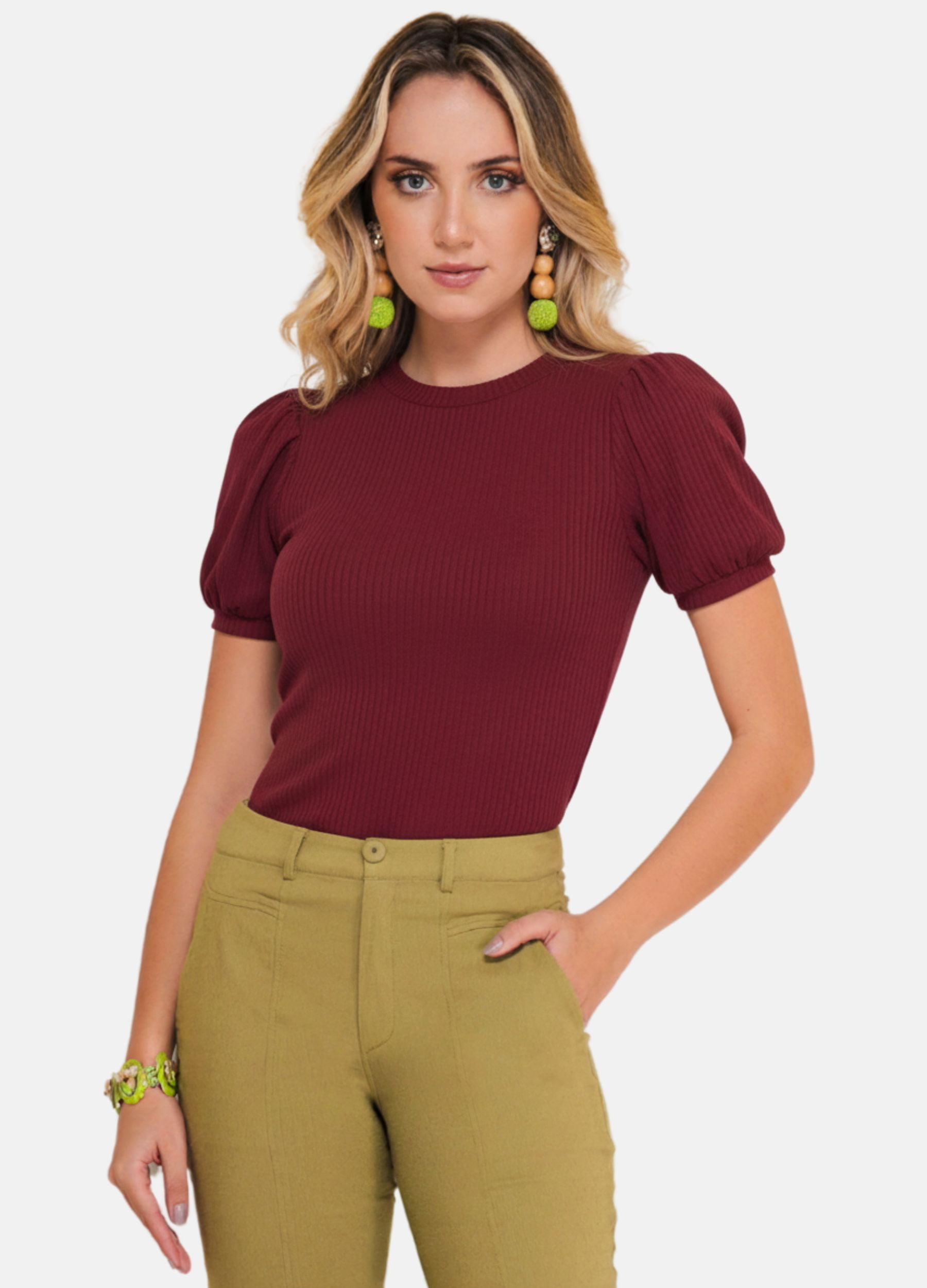 BLUSA CANELADA COM MANGA BUFANTE FEMININO