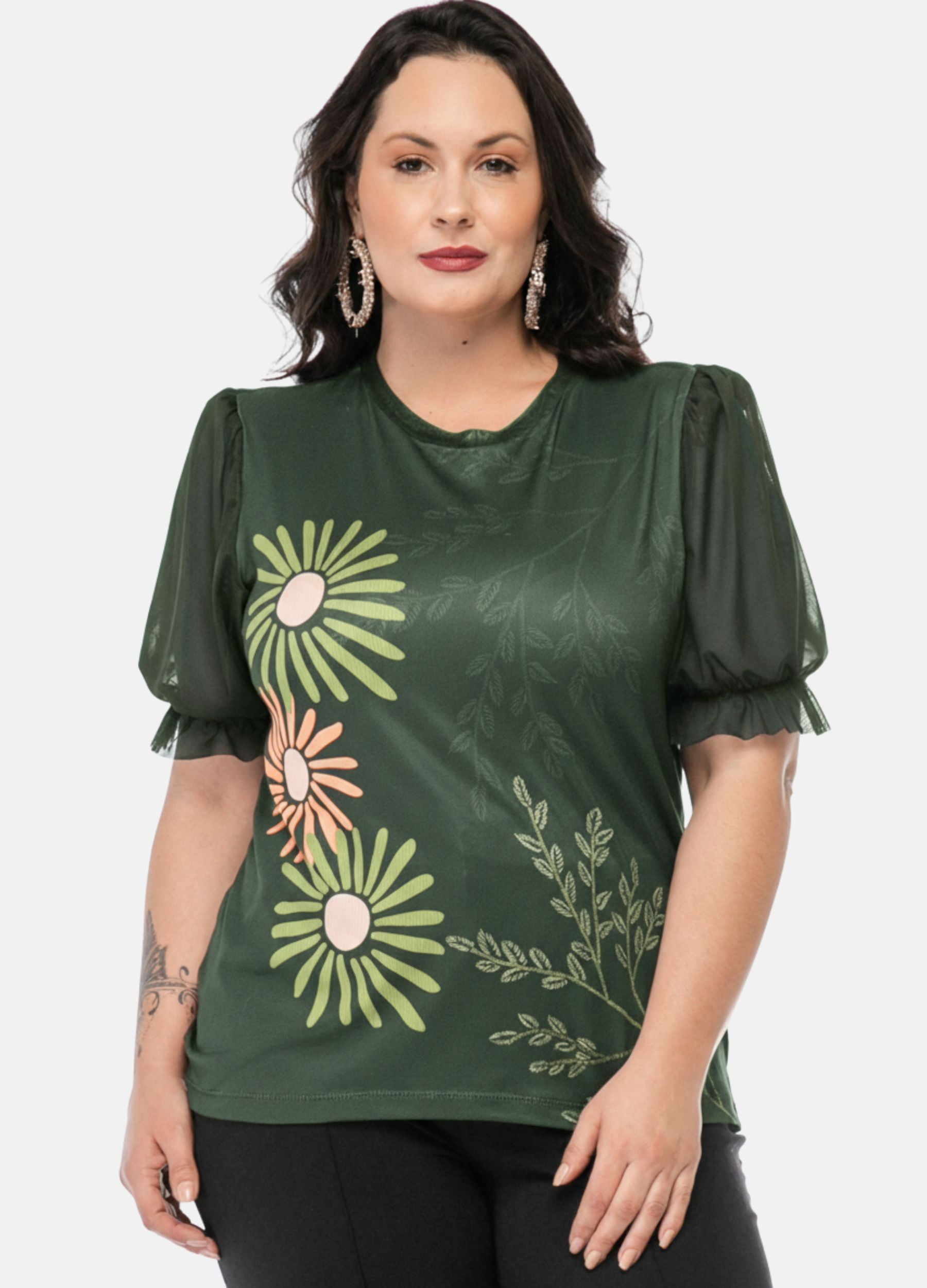 T-SHIRT C/ MANGA DE TULE PLUS SIZE