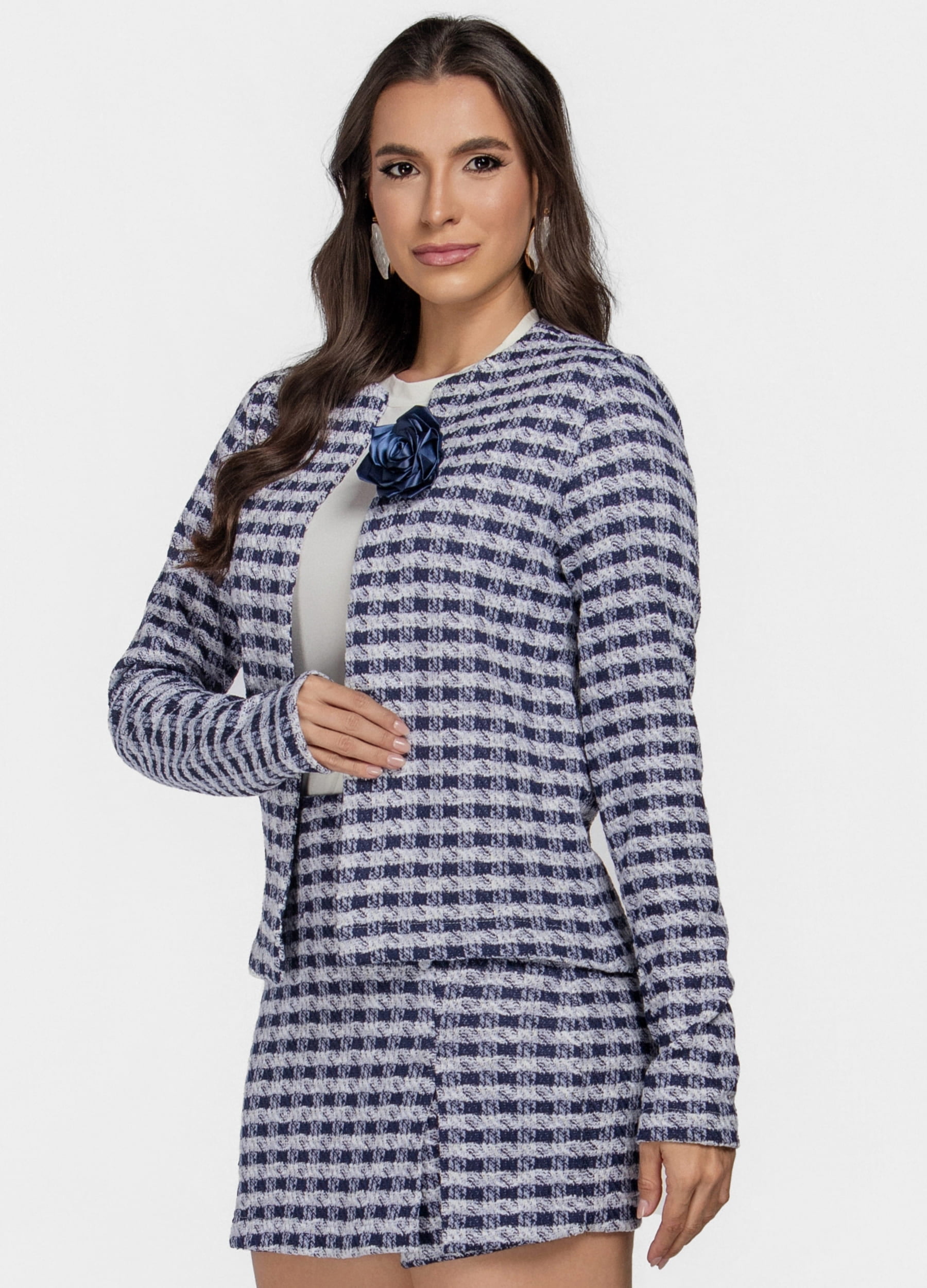 CASACO FEMININO JACQUARD XADREX COM FLOR 