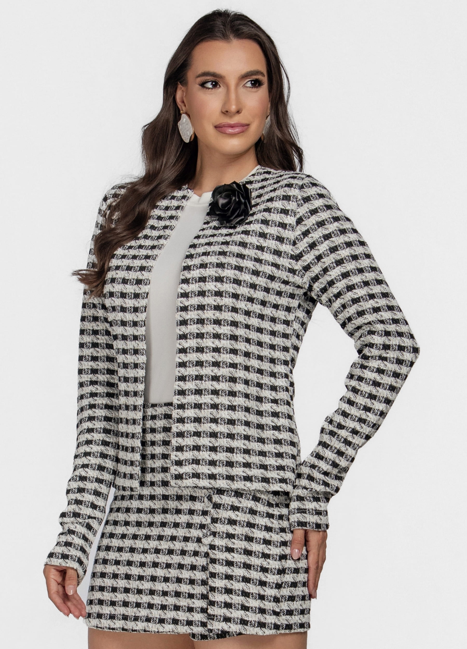 CASACO FEMININO JACQUARD XADREX COM FLOR 