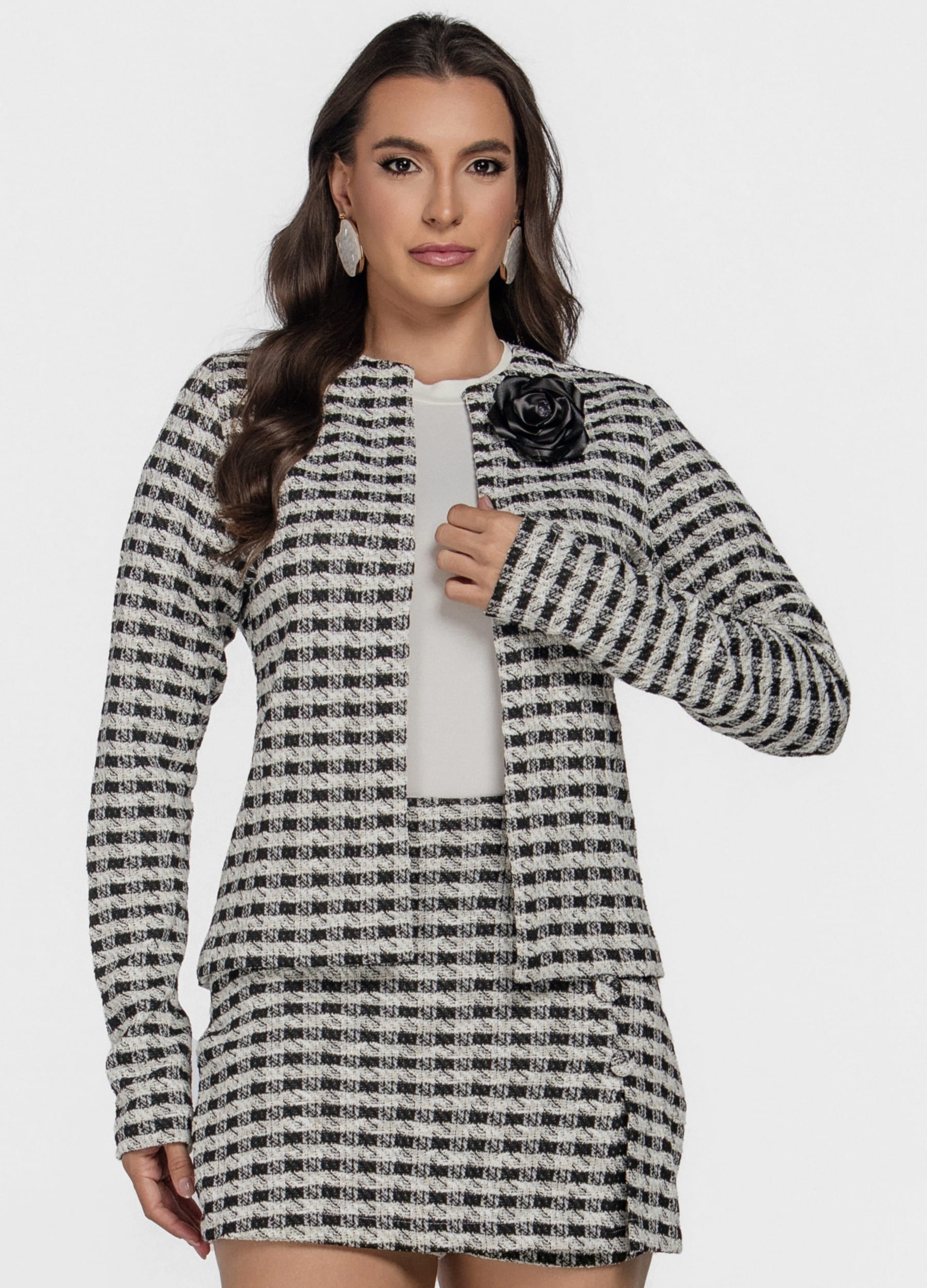 CASACO FEMININO JACQUARD XADREX COM FLOR