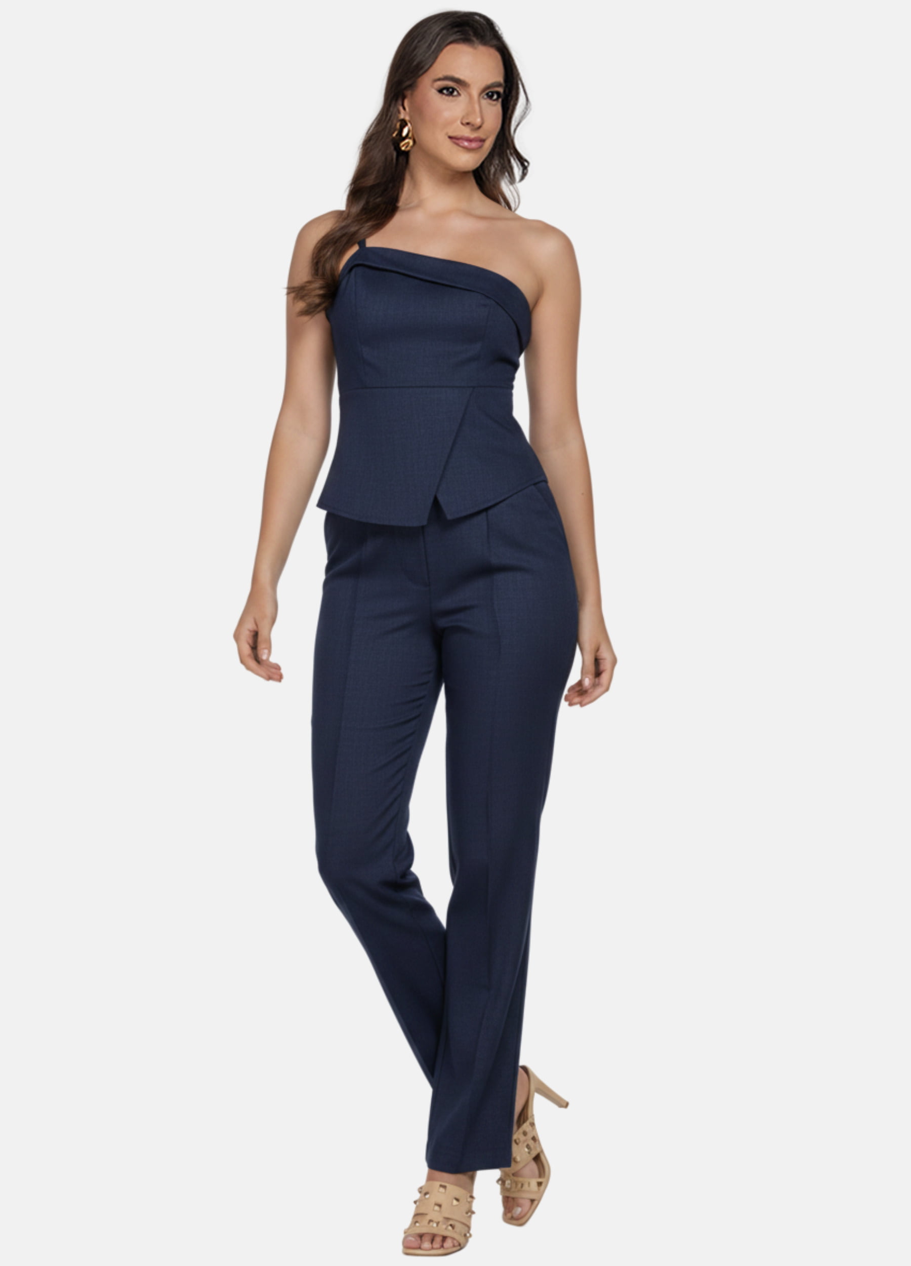 CONJUNTO DE LINHO CALÇA E BLUSA DE UM OMBRO