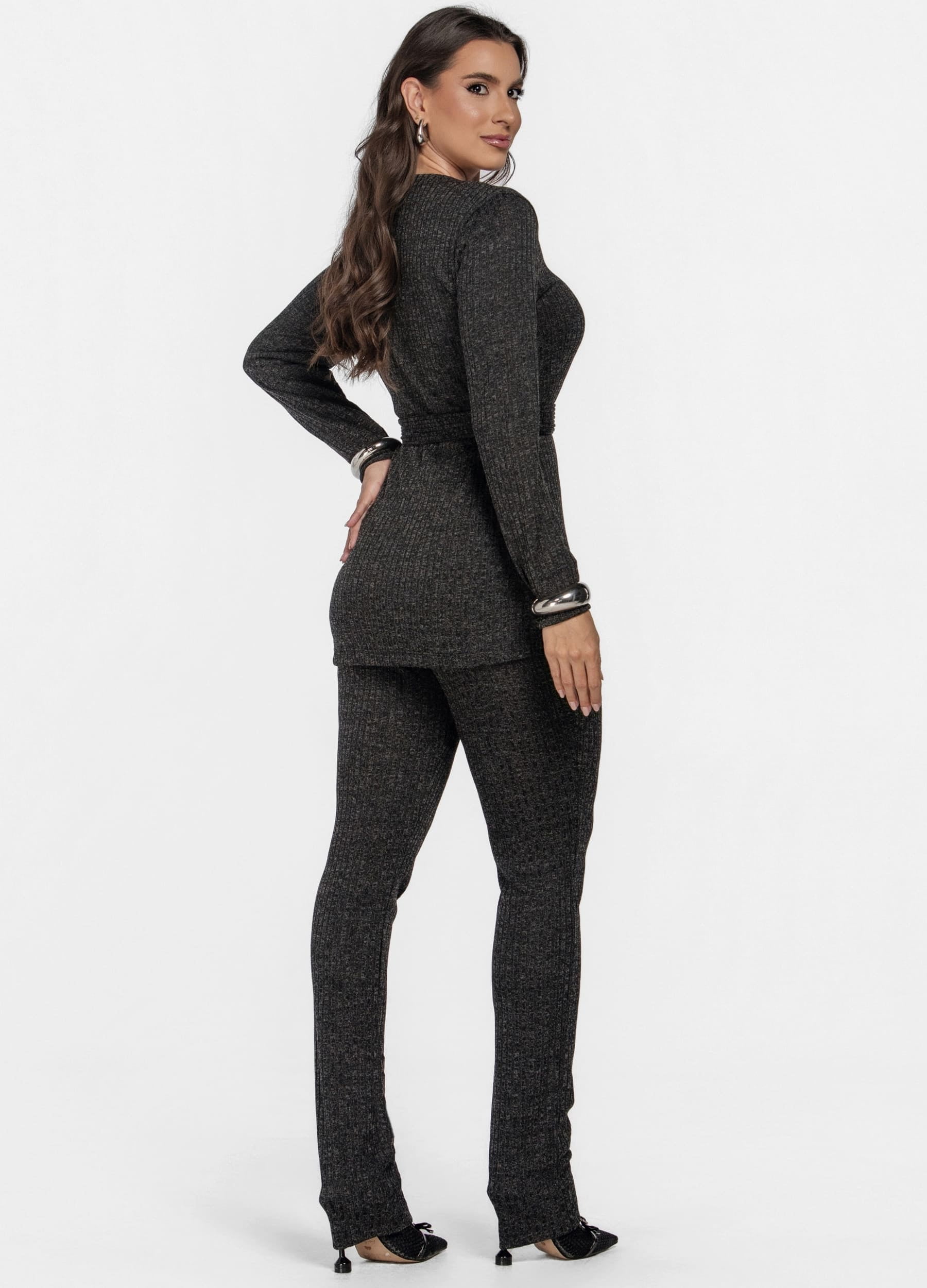 CONJUNTO FEMININO CANELADO CALÇA E BLUSA MANGA LONGA 