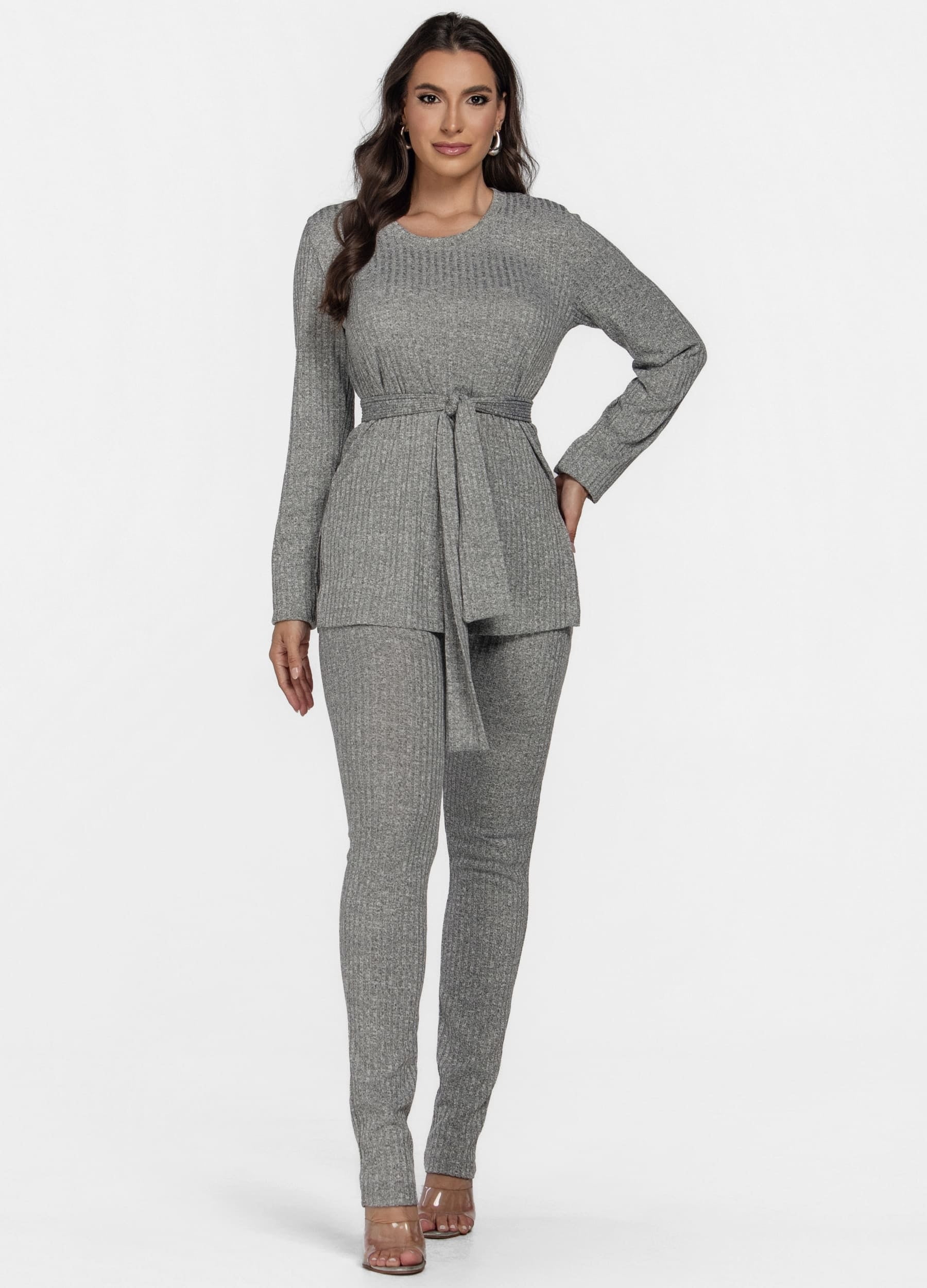 CONJUNTO FEMININO CANELADO CALÇA E BLUSA MANGA LONGA