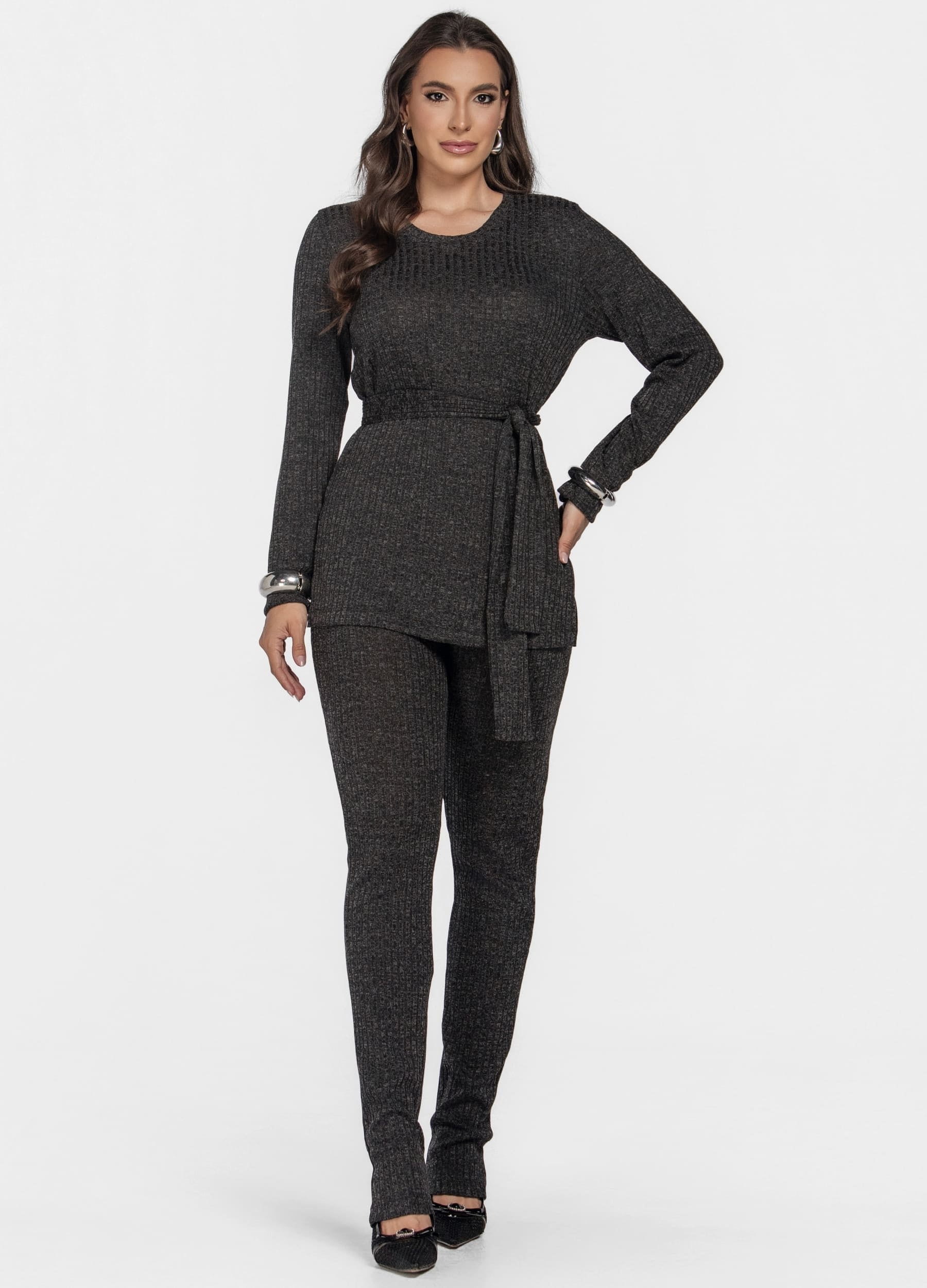 CONJUNTO FEMININO CANELADO CALÇA E BLUSA MANGA LONGA 
