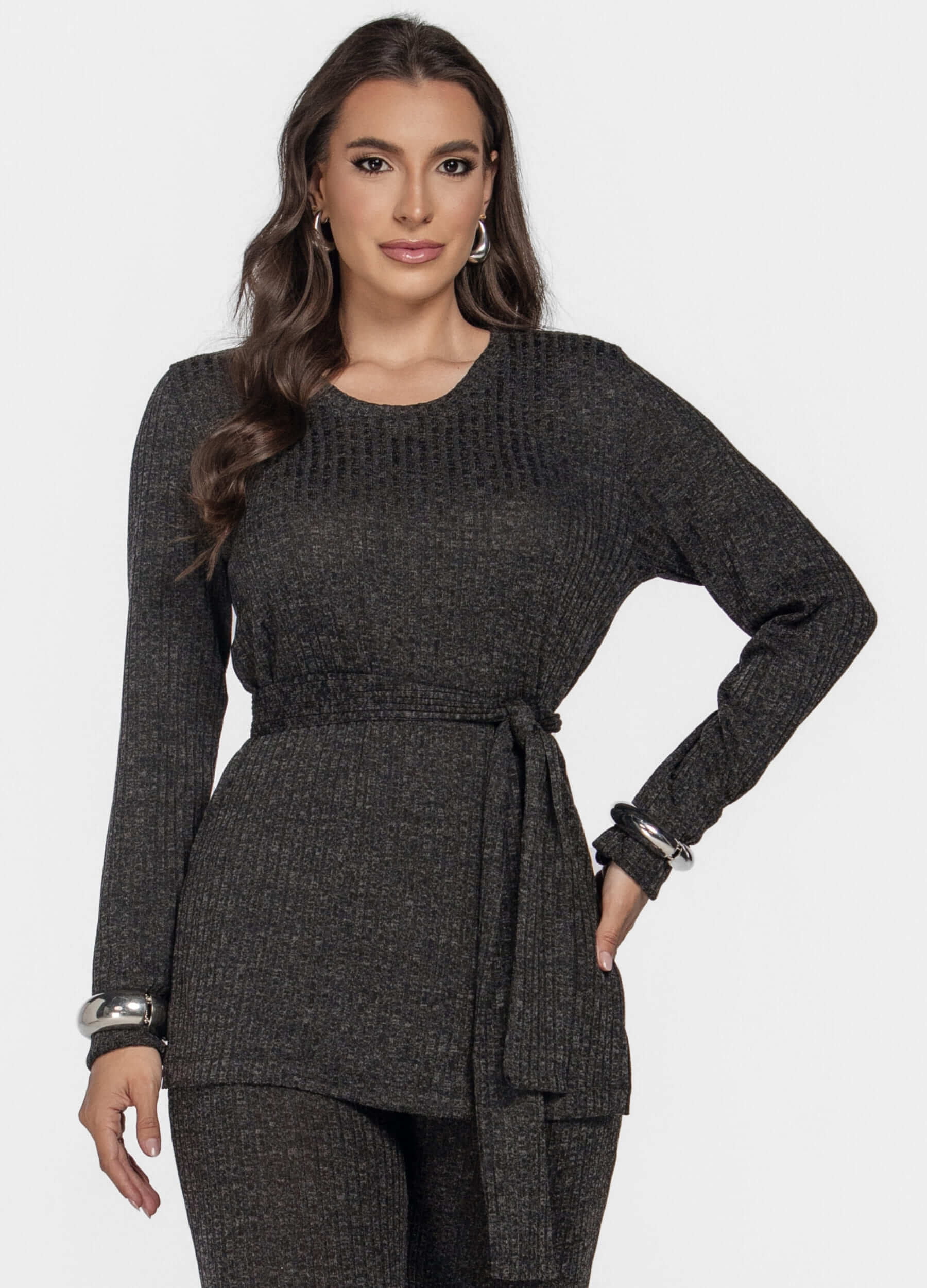CONJUNTO FEMININO CANELADO CALÇA E BLUSA MANGA LONGA