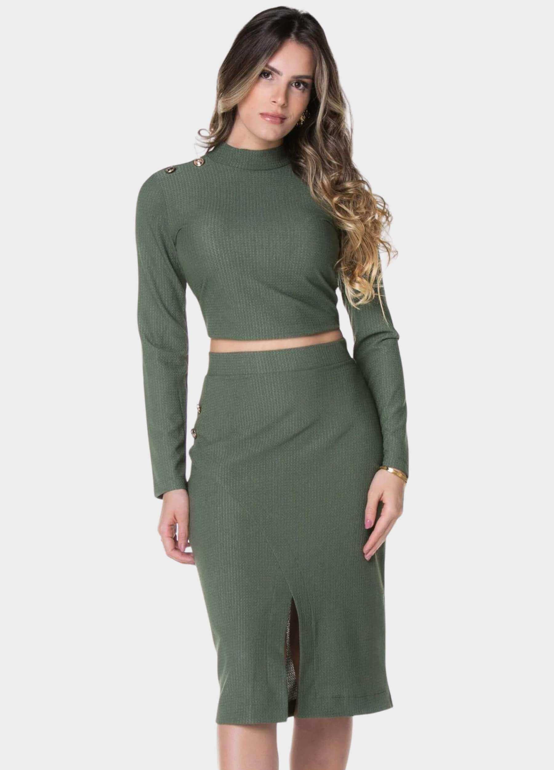 CONJUNTO FEMININO BLUSA E SAIA COM BOTÕES