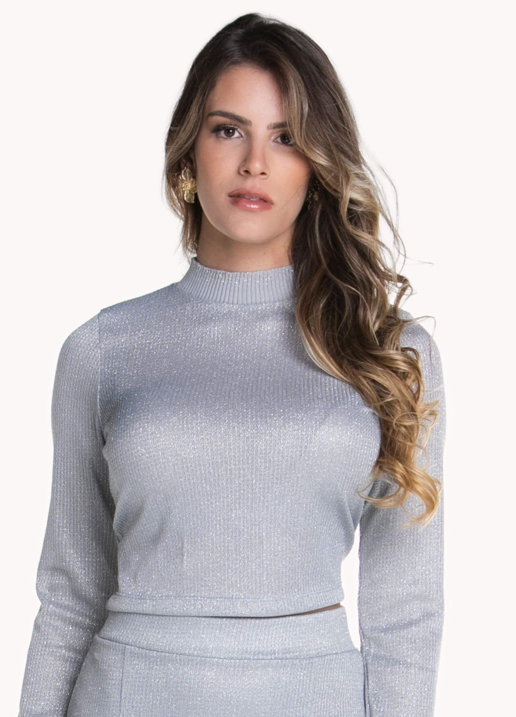 CONJUNTO FEMININO DE TRICÔ COM BLUSA E SAIA 