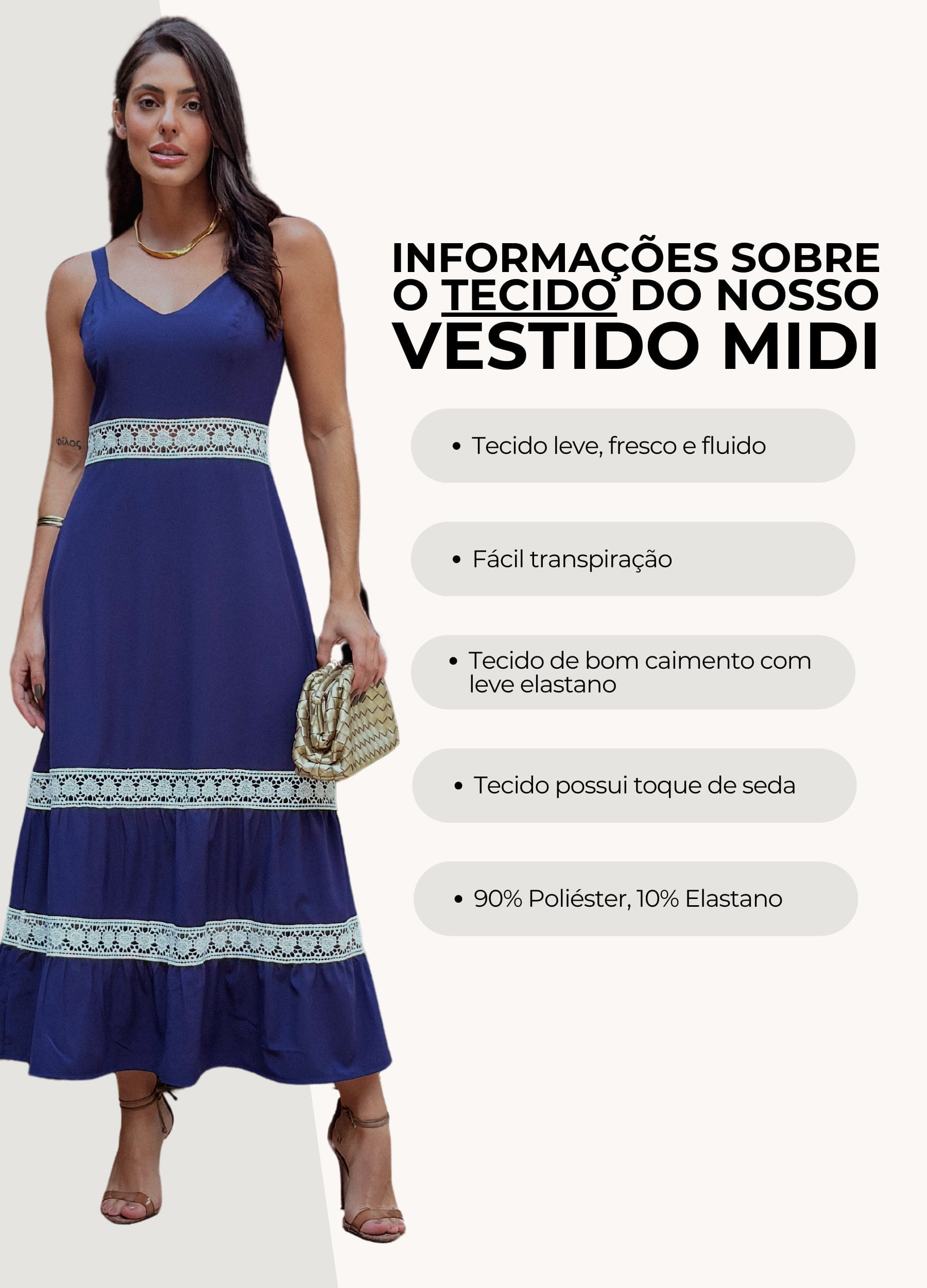 VESTIDO MIDI LISO COM RENDAS 