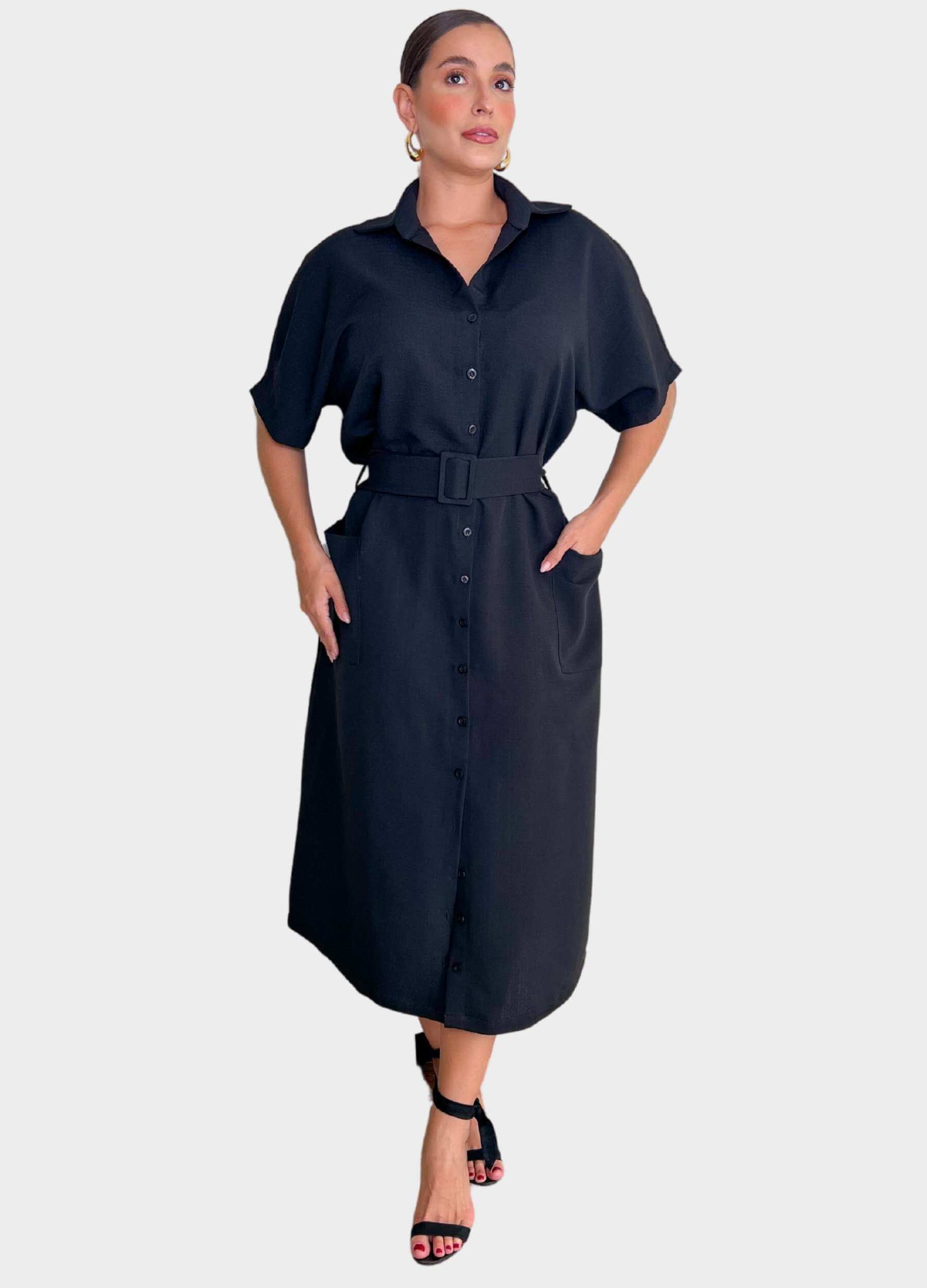 CHEMISE MIDI COM CINTO E BOLSO