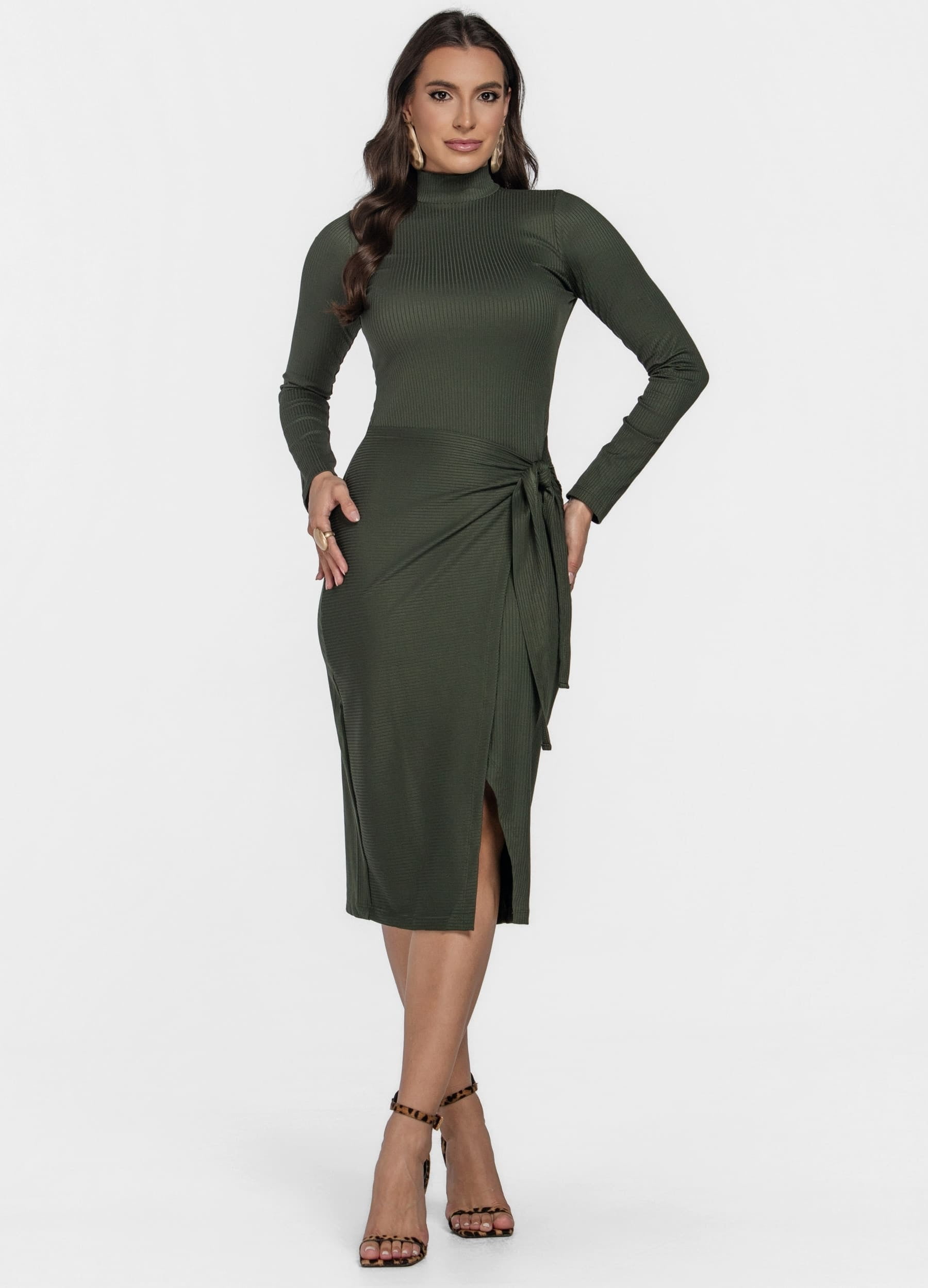 VESTIDO MIDI CANELADO COM TRESPASSE GOLA ALTA 
