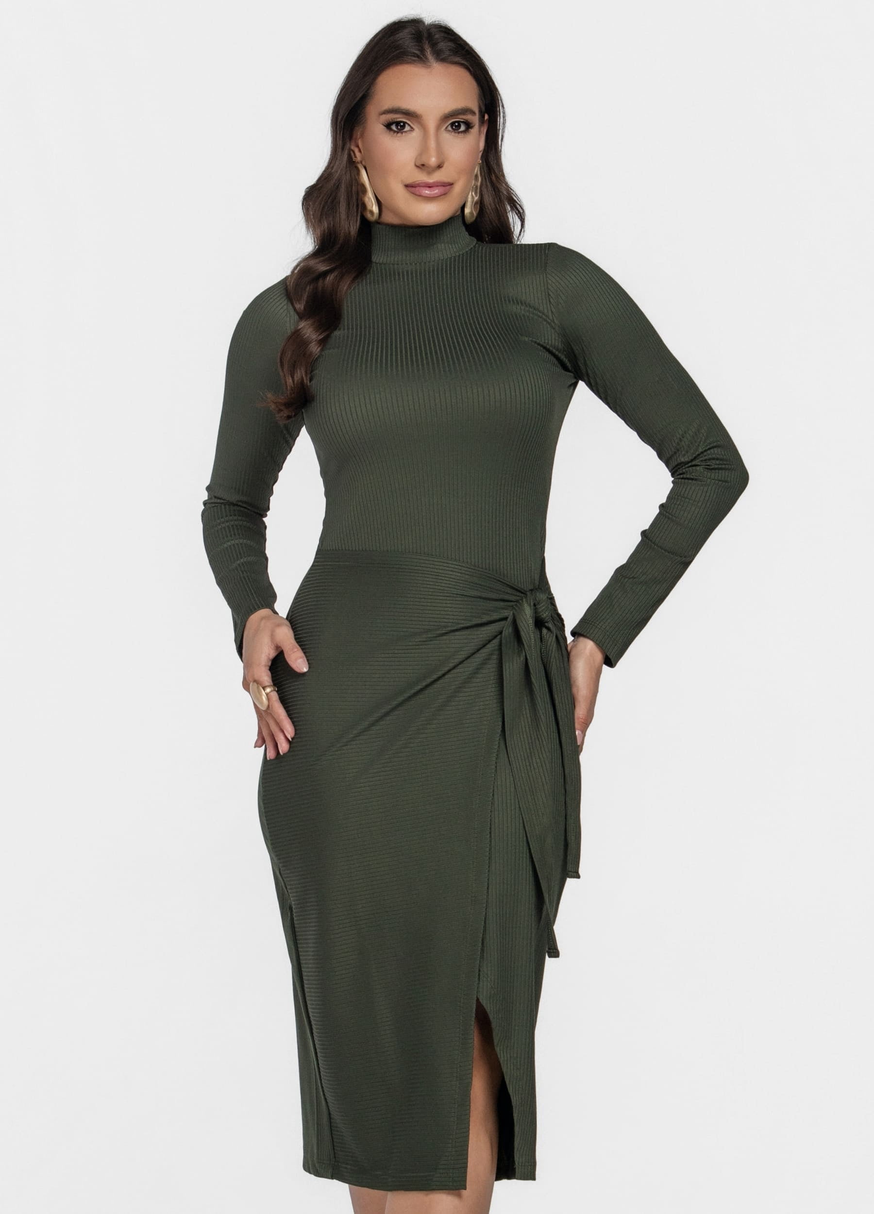 VESTIDO MIDI CANELADO COM TRESPASSE GOLA ALTA