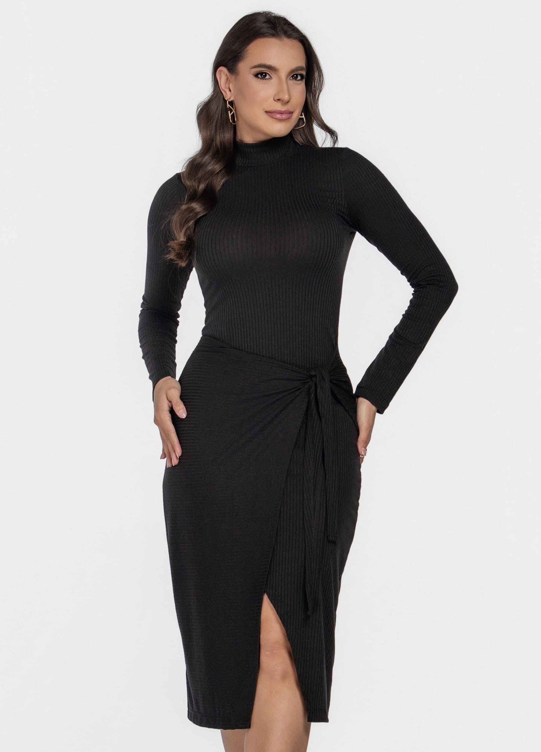 VESTIDO MIDI CANELADO COM TRESPASSE GOLA ALTA 