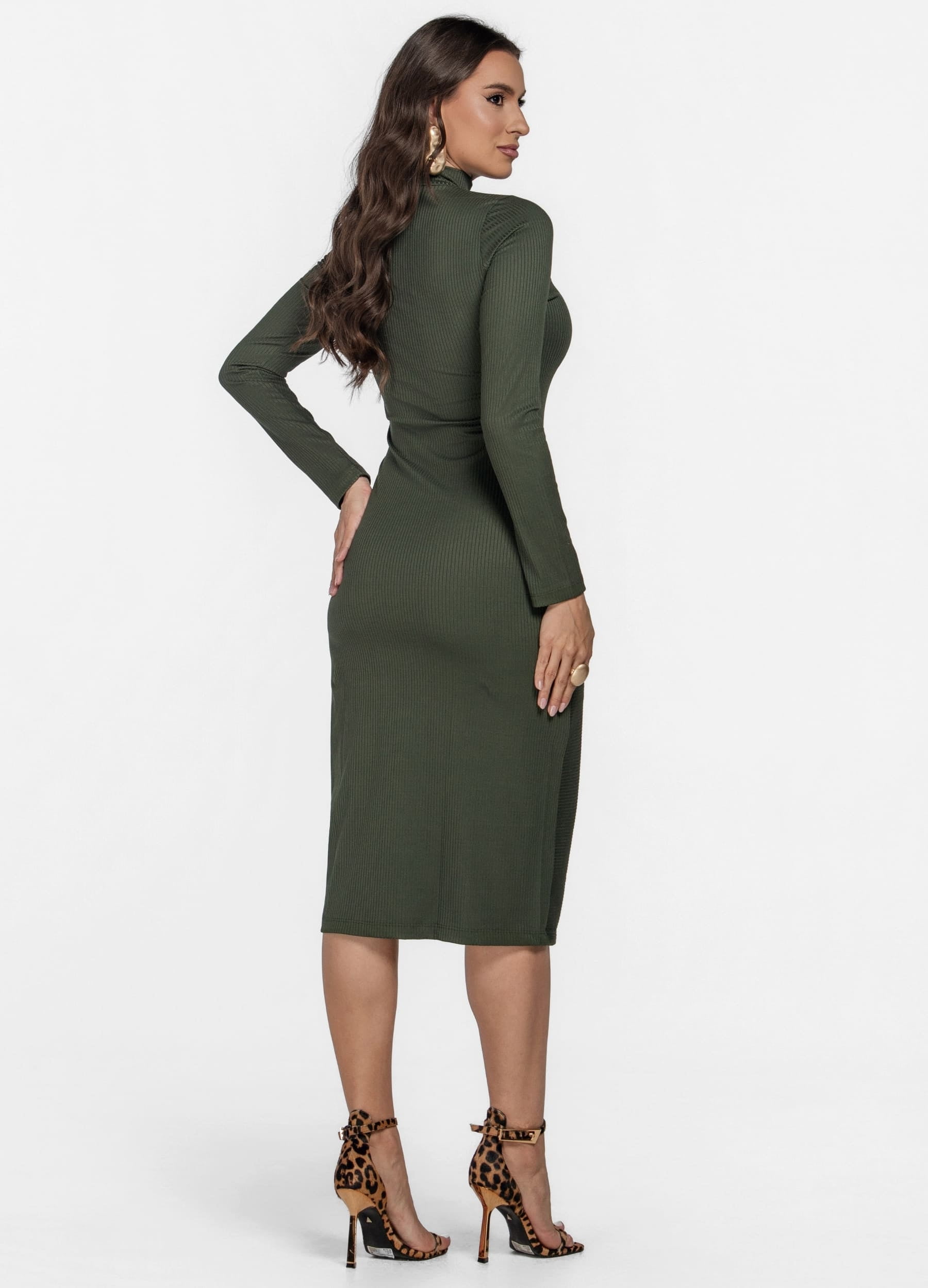 VESTIDO MIDI CANELADO COM TRESPASSE GOLA ALTA 