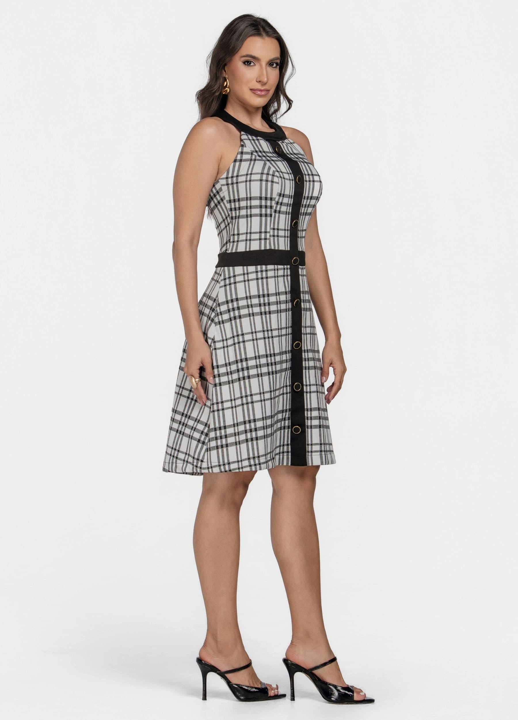 VESTIDO CURTO XADREZ COM BOTOES 