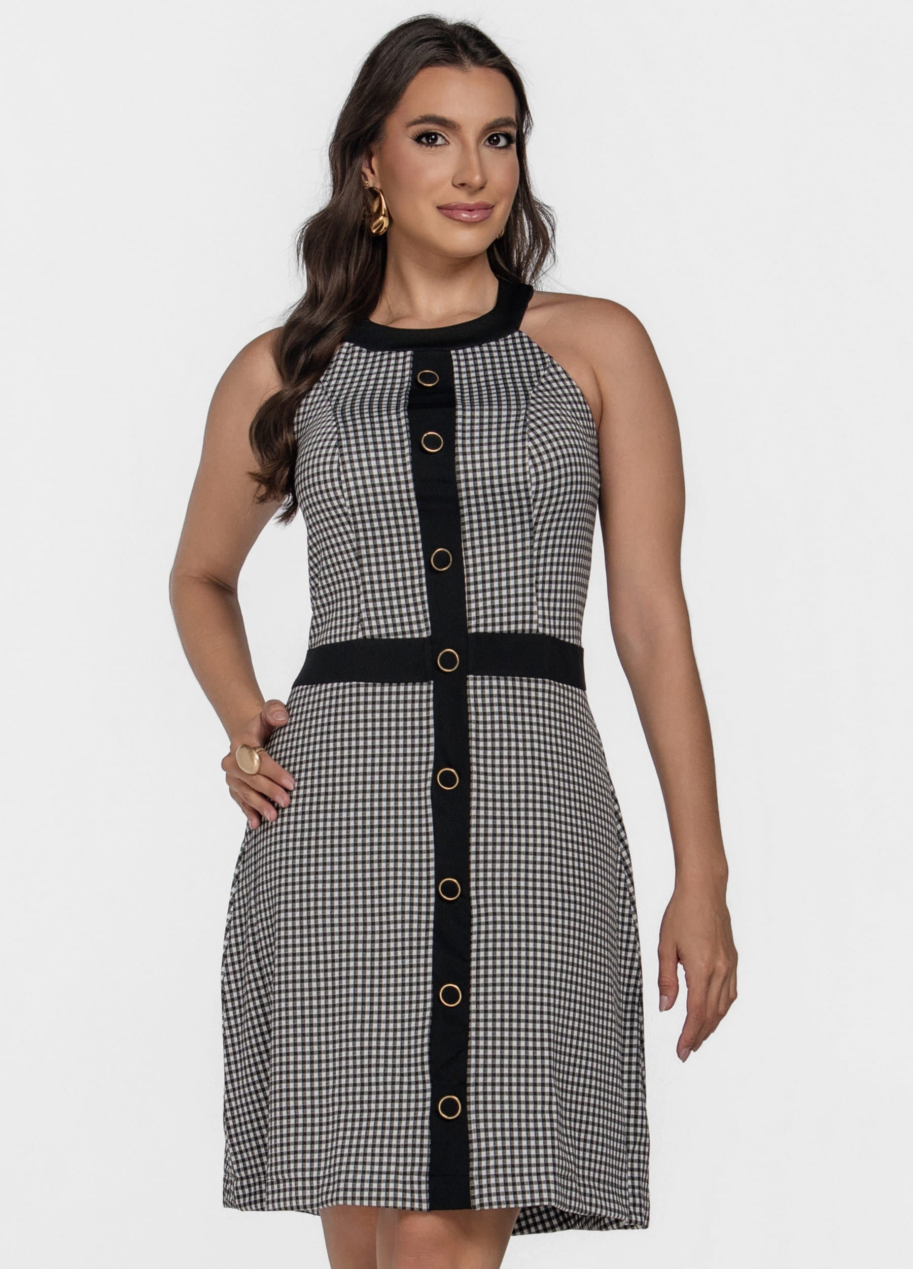 VESTIDO CURTO XADREZ COM BOTOES 