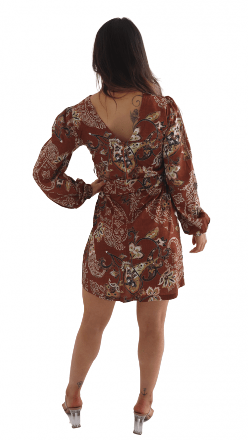 VESTIDO ESTAMPADO MANGA LONGA COM CINTO FEMININO