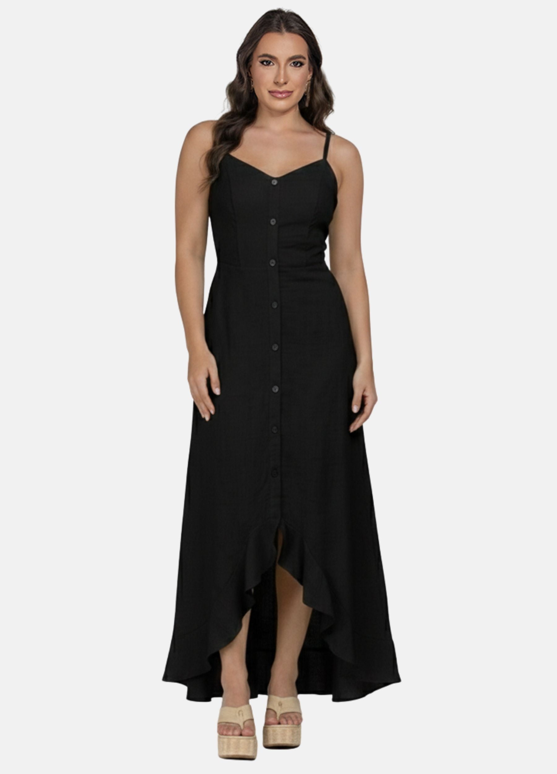 VESTIDO LONGO COM BABADOS E BOTÕES