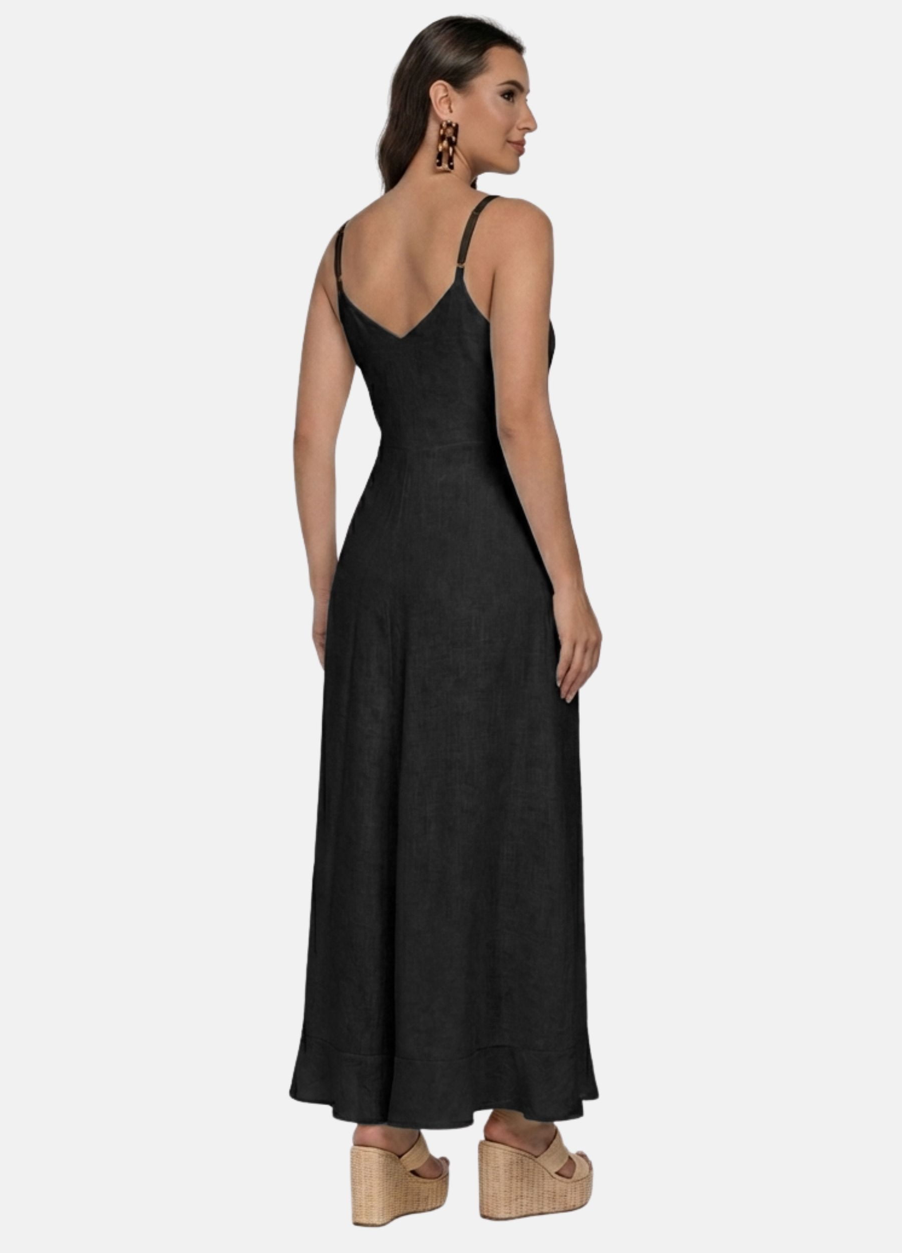 VESTIDO LONGO COM BABADOS E BOTÕES