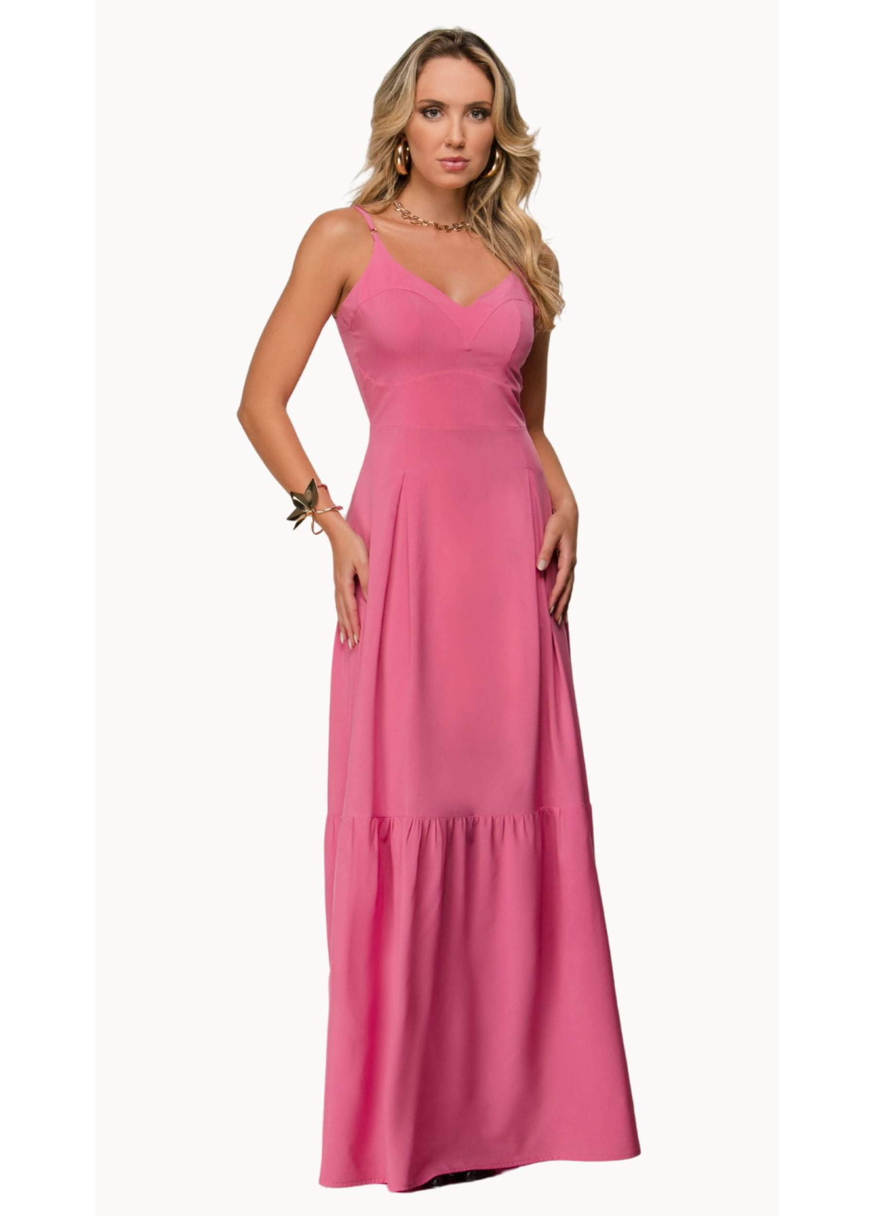 VESTIDO LONGO COM PREGAS NA SAIA