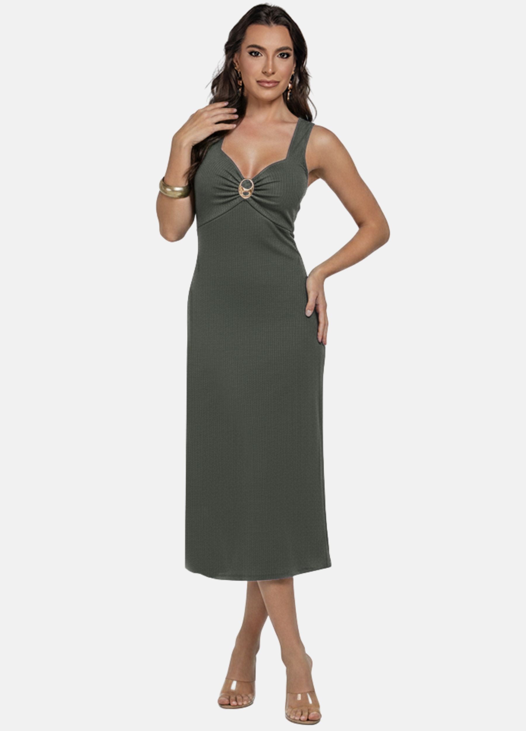 VESTIDO MIDI CANELADO COM FIVELA NO DECOTE