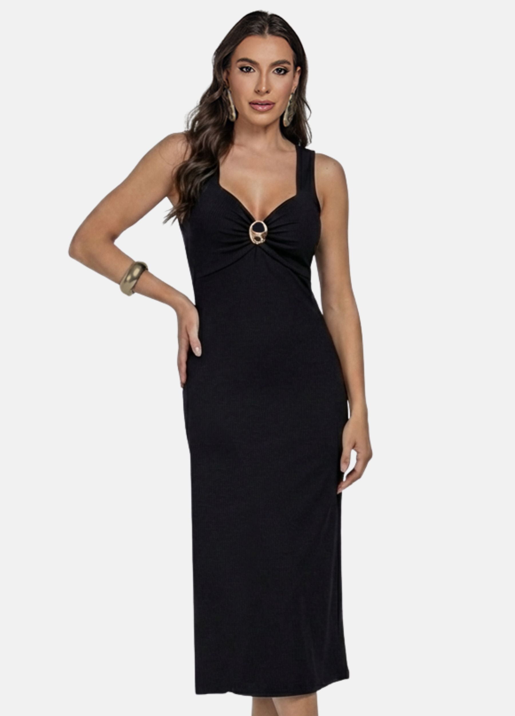 VESTIDO MIDI CANELADO COM FIVELA NO DECOTE