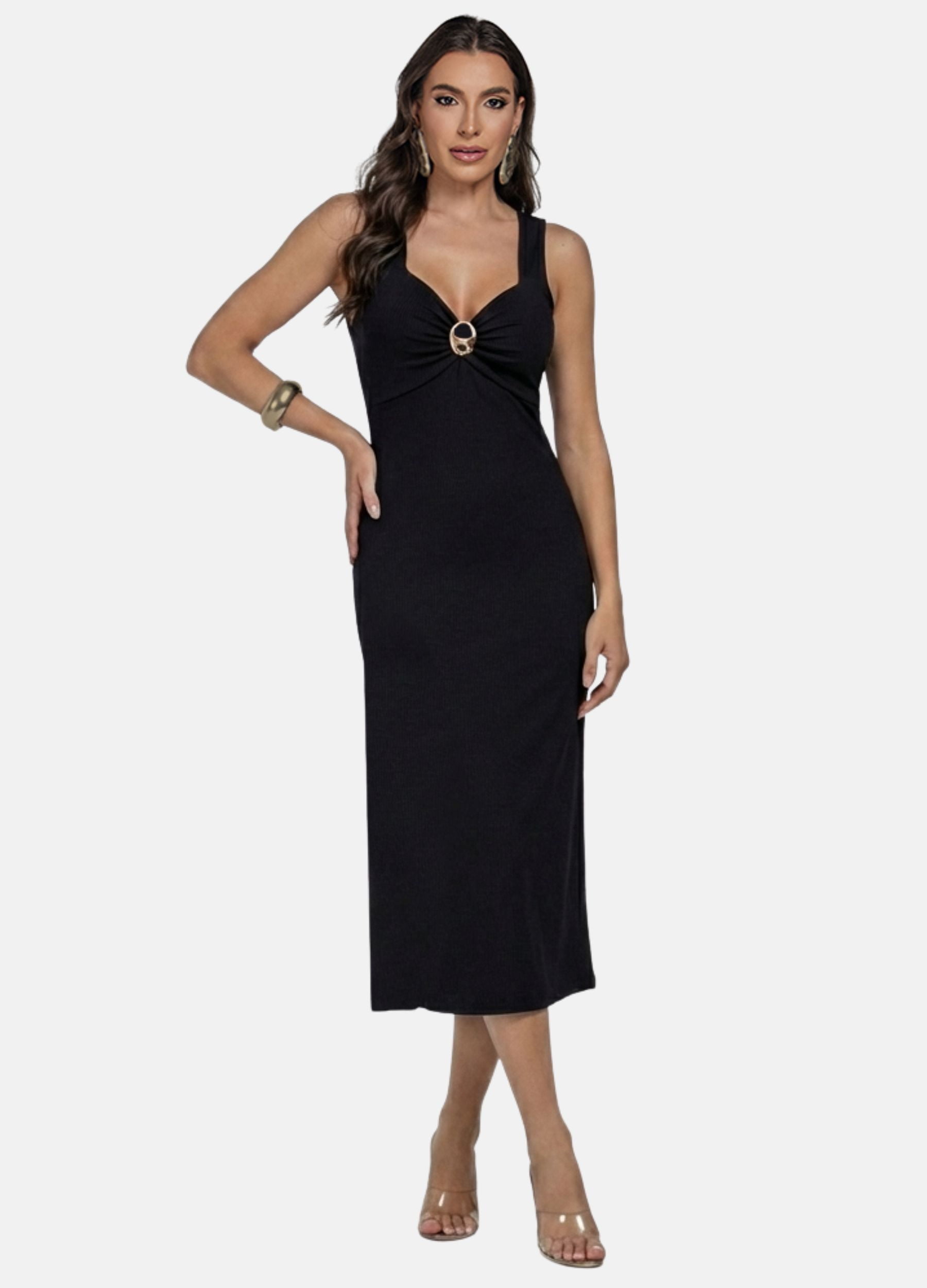 VESTIDO MIDI CANELADO COM FIVELA NO DECOTE