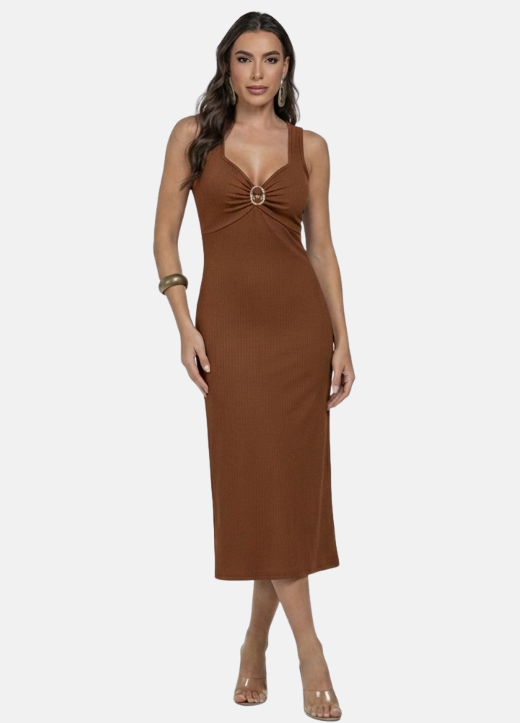 VESTIDO MIDI CANELADO COM FIVELA NO DECOTE