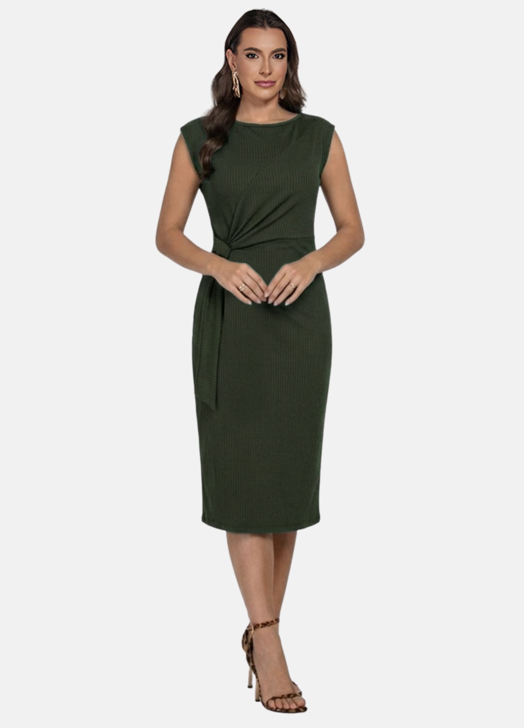 VESTIDO MIDI CANELADO COM FAIXA