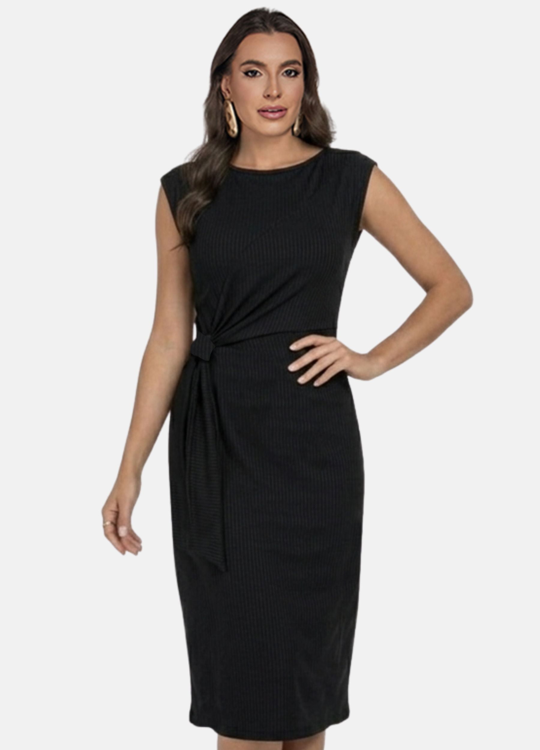 VESTIDO MIDI CANELADO COM FAIXA