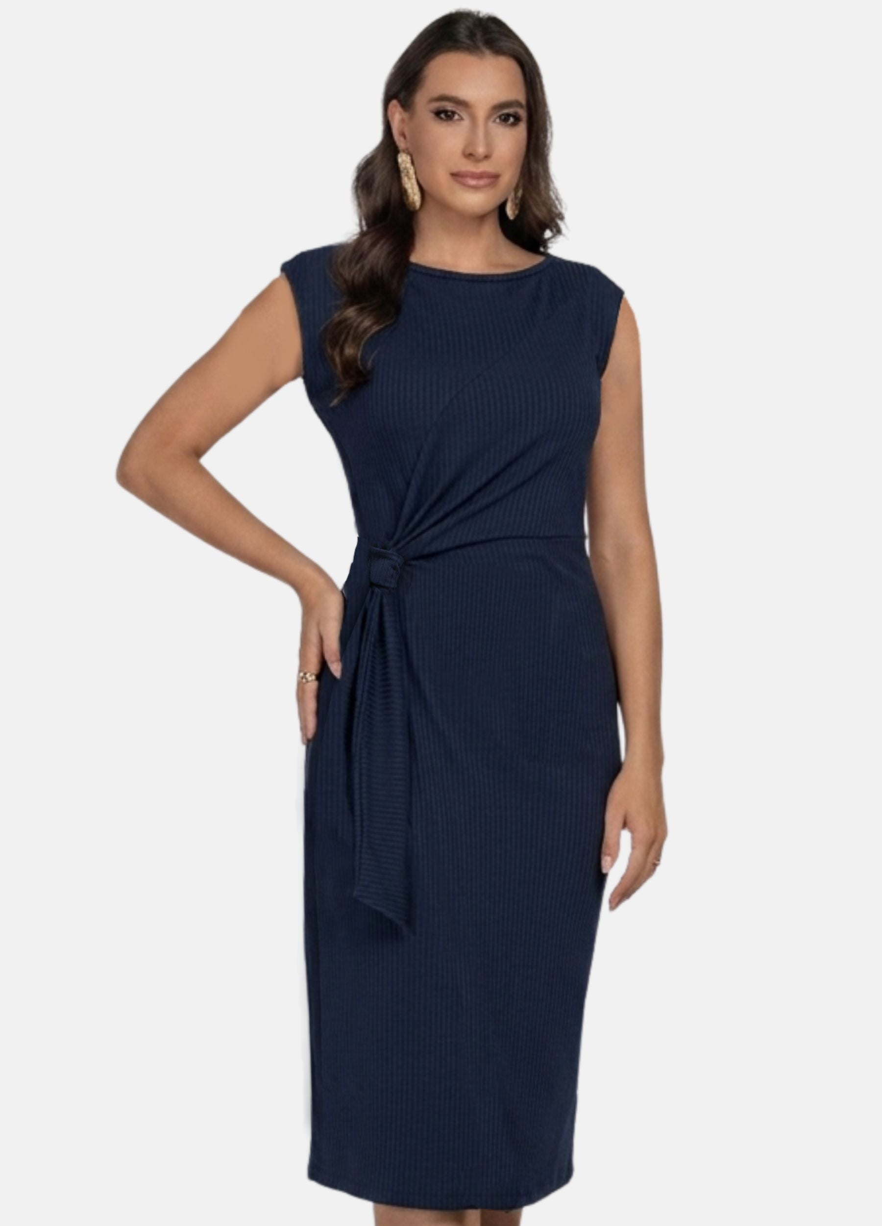 VESTIDO MIDI CANELADO COM FAIXA VESTIDO MIDI CANELADO COM FAIXA