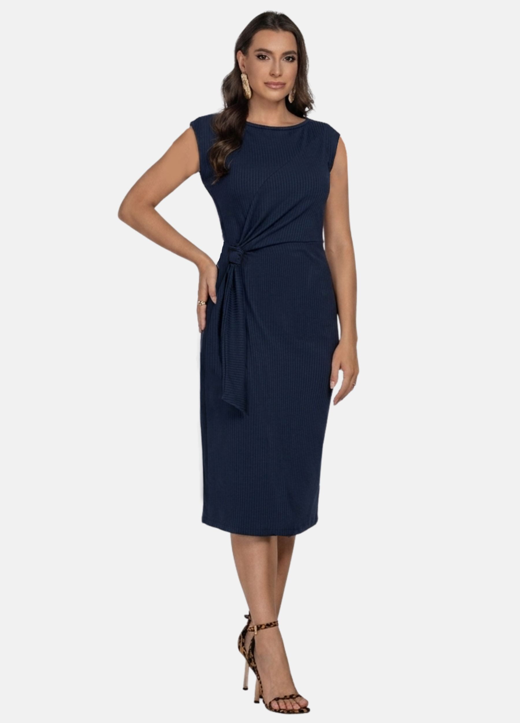 VESTIDO MIDI CANELADO COM FAIXA