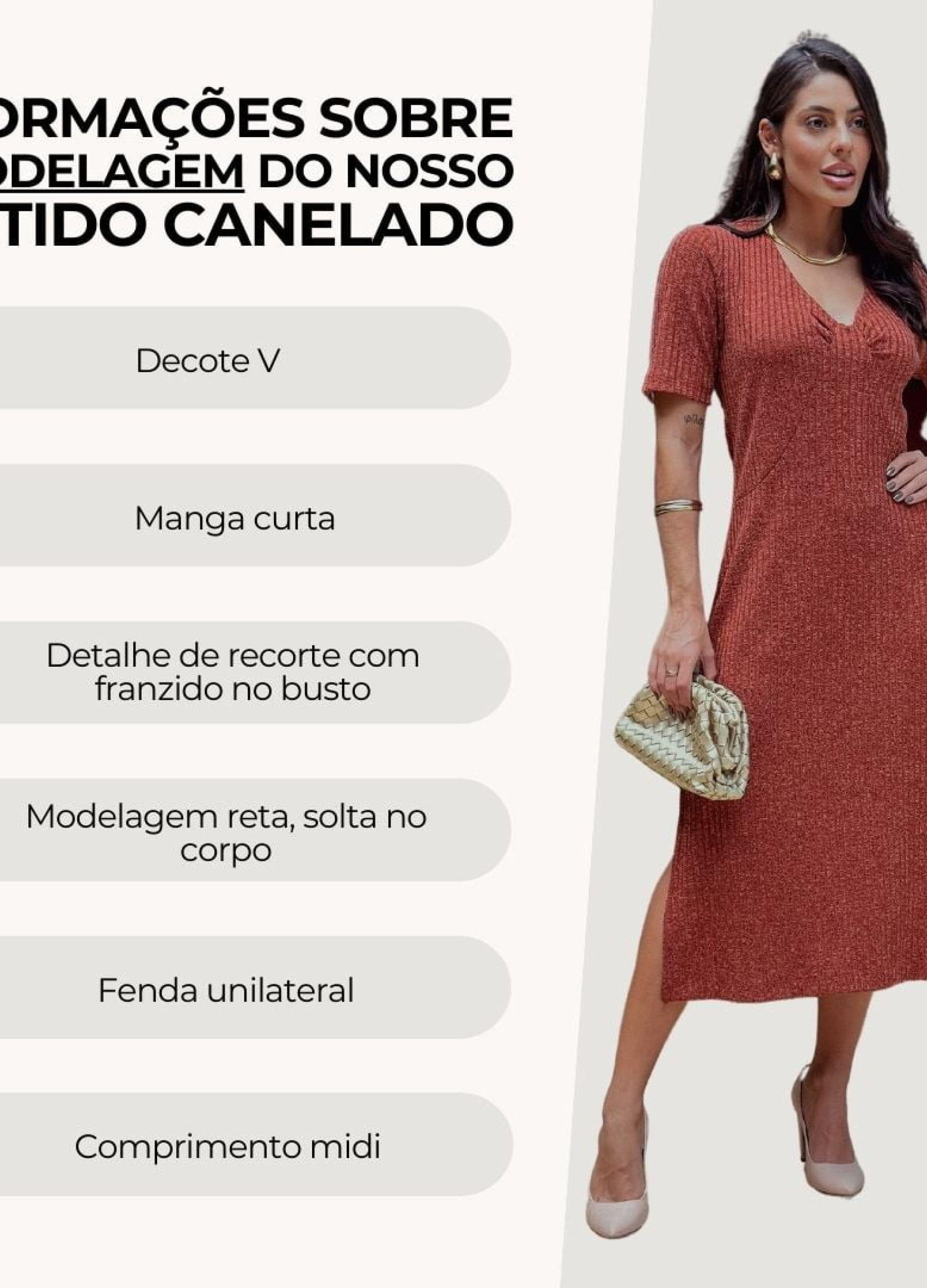 VESTIDO MIDI CANELADO COM FRANZIDO 