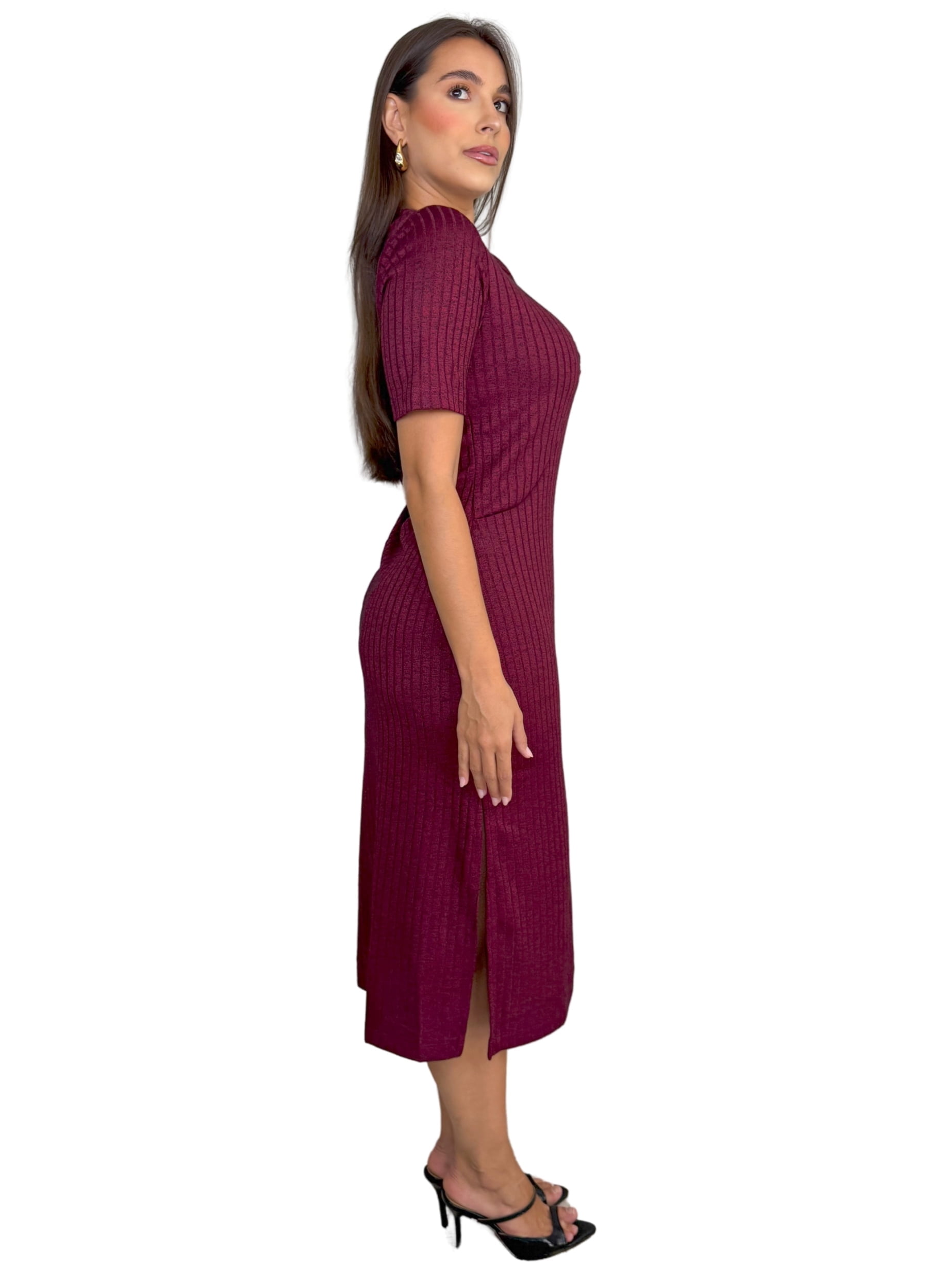 VESTIDO MIDI CANELADO COM FRANZIDO 