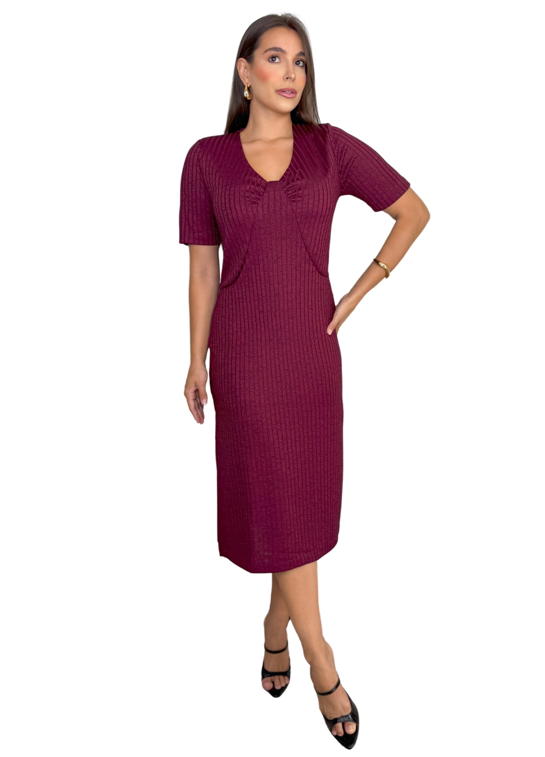 VESTIDO MIDI CANELADO COM FRANZIDO 