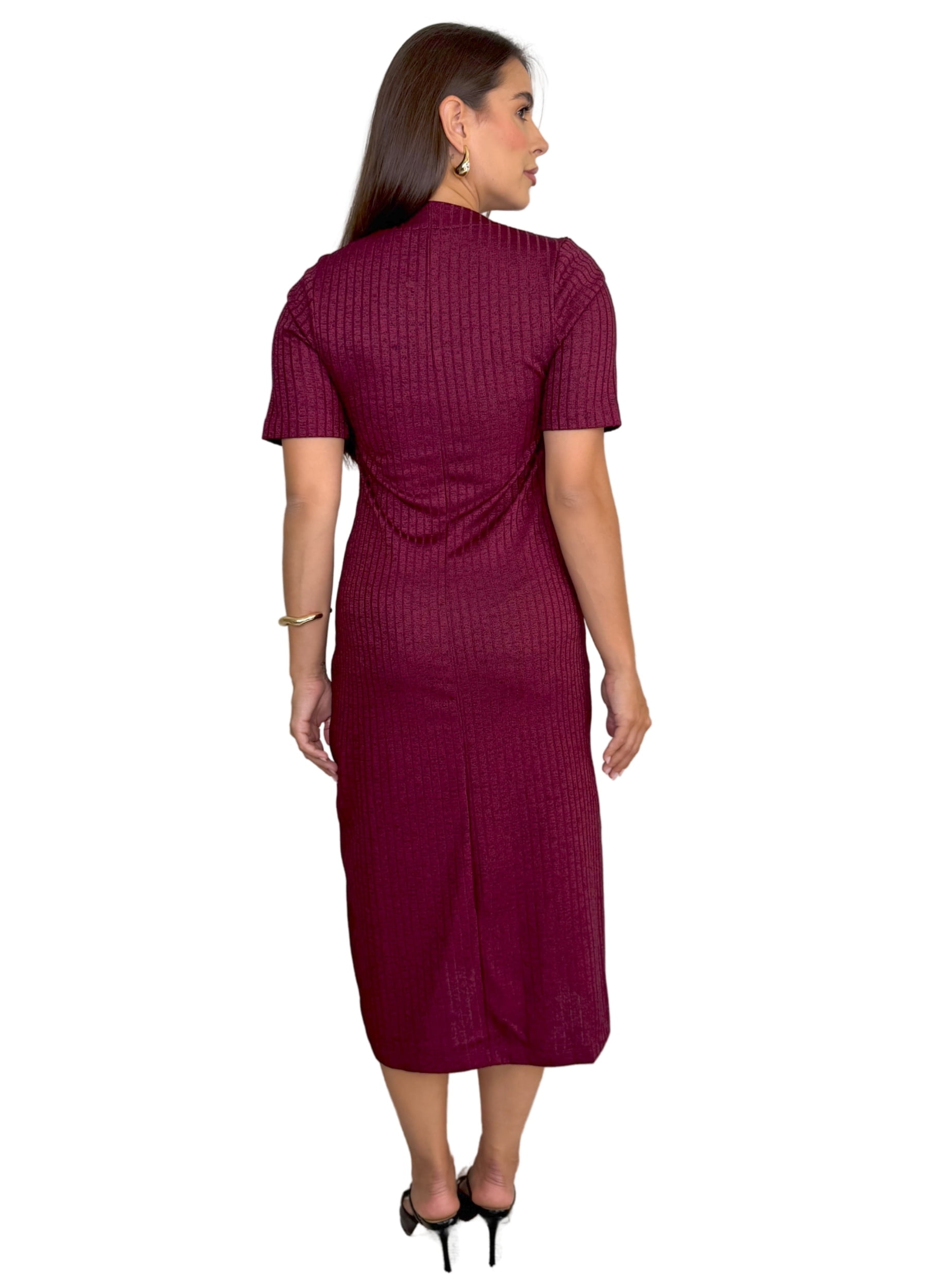 VESTIDO MIDI CANELADO COM FRANZIDO 