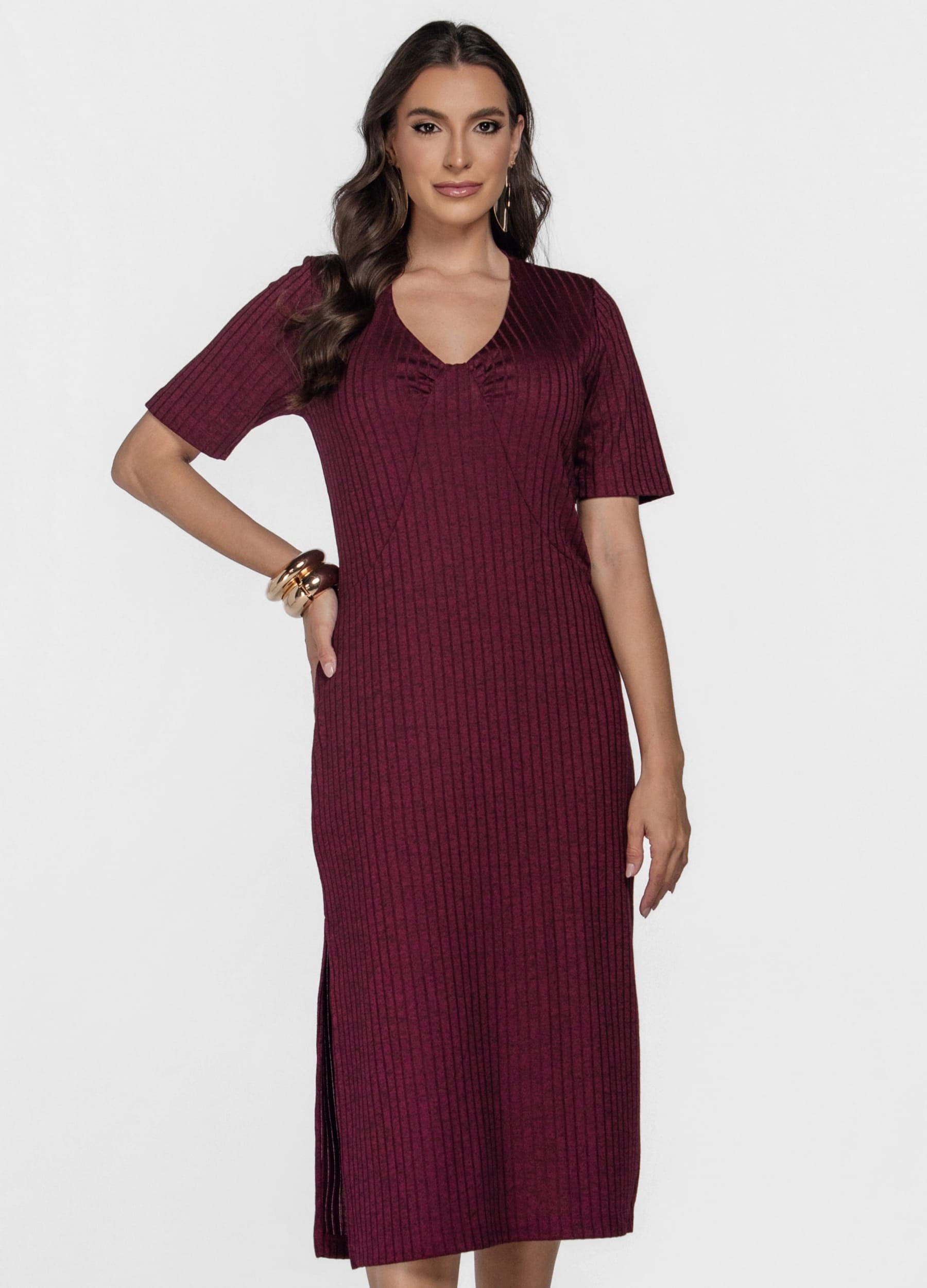 VESTIDO MIDI CANELADO COM FRANZIDO