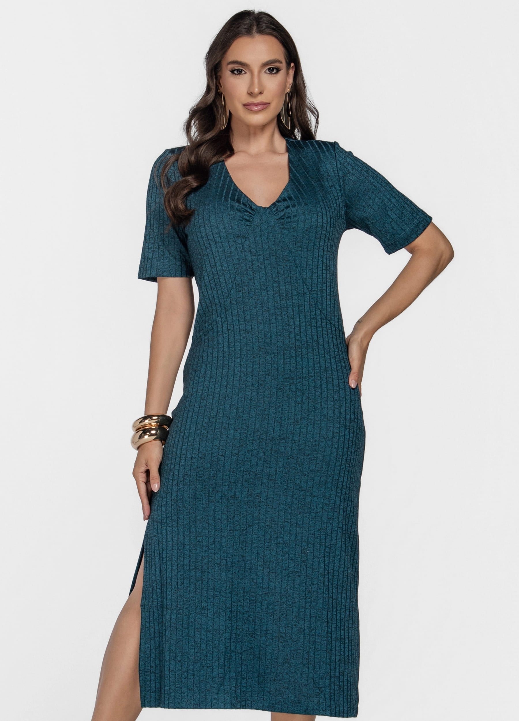 VESTIDO MIDI CANELADO COM FRANZIDO 