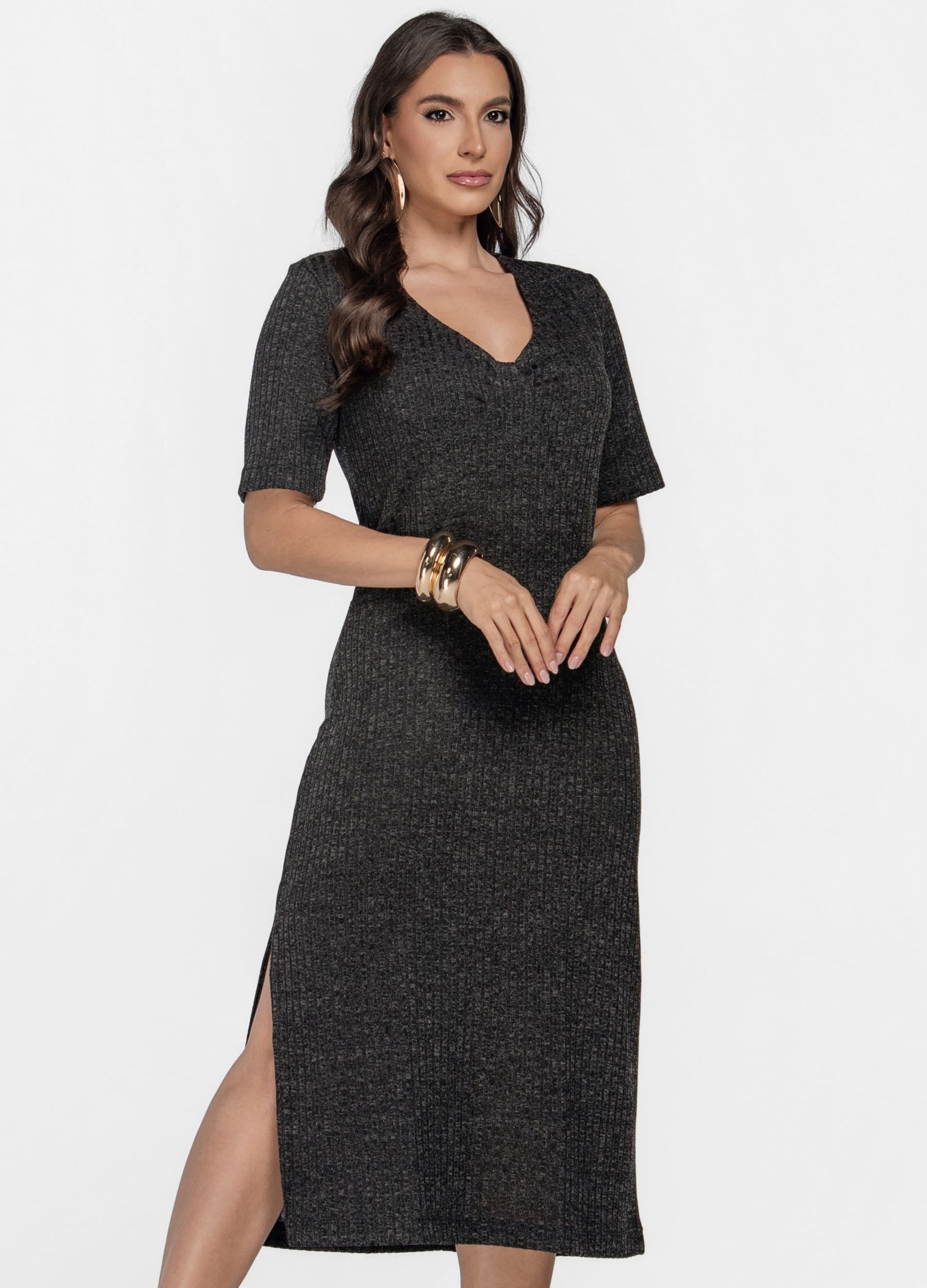 VESTIDO MIDI CANELADO COM FRANZIDO 