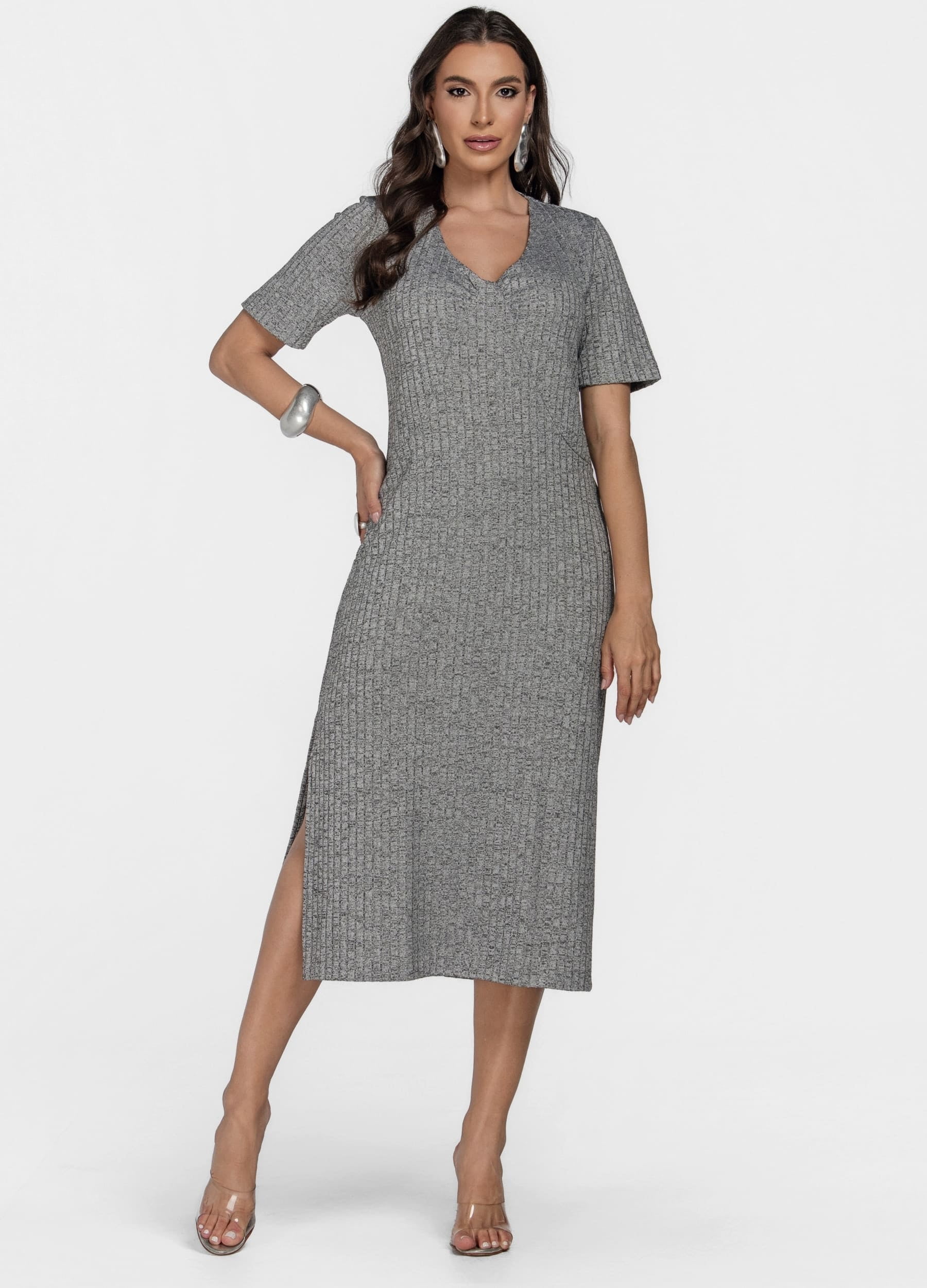 VESTIDO MIDI CANELADO COM FRANZIDO 