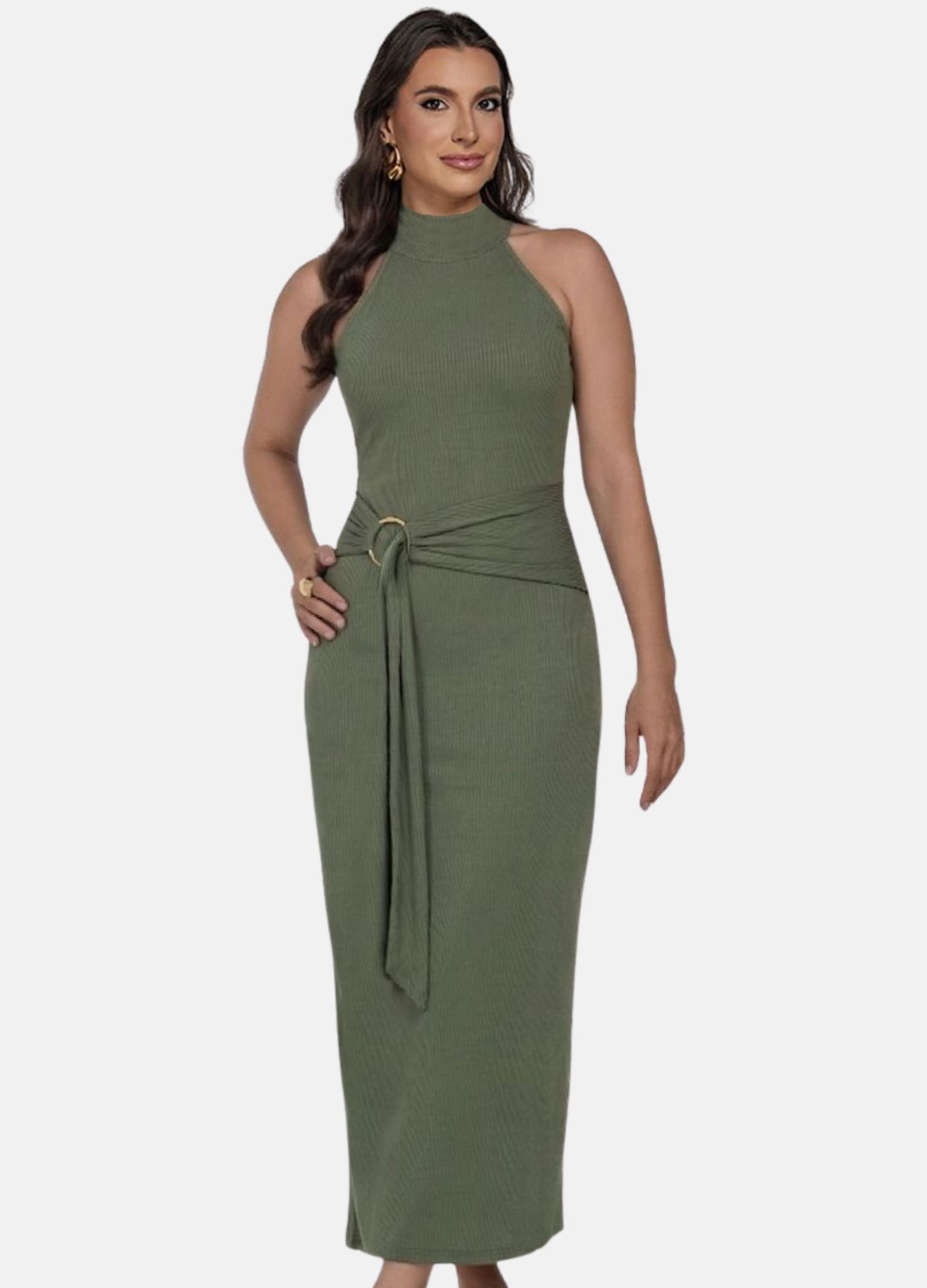 VESTIDO MIDI CANELADO GOLA ALTA COM ARGOLA