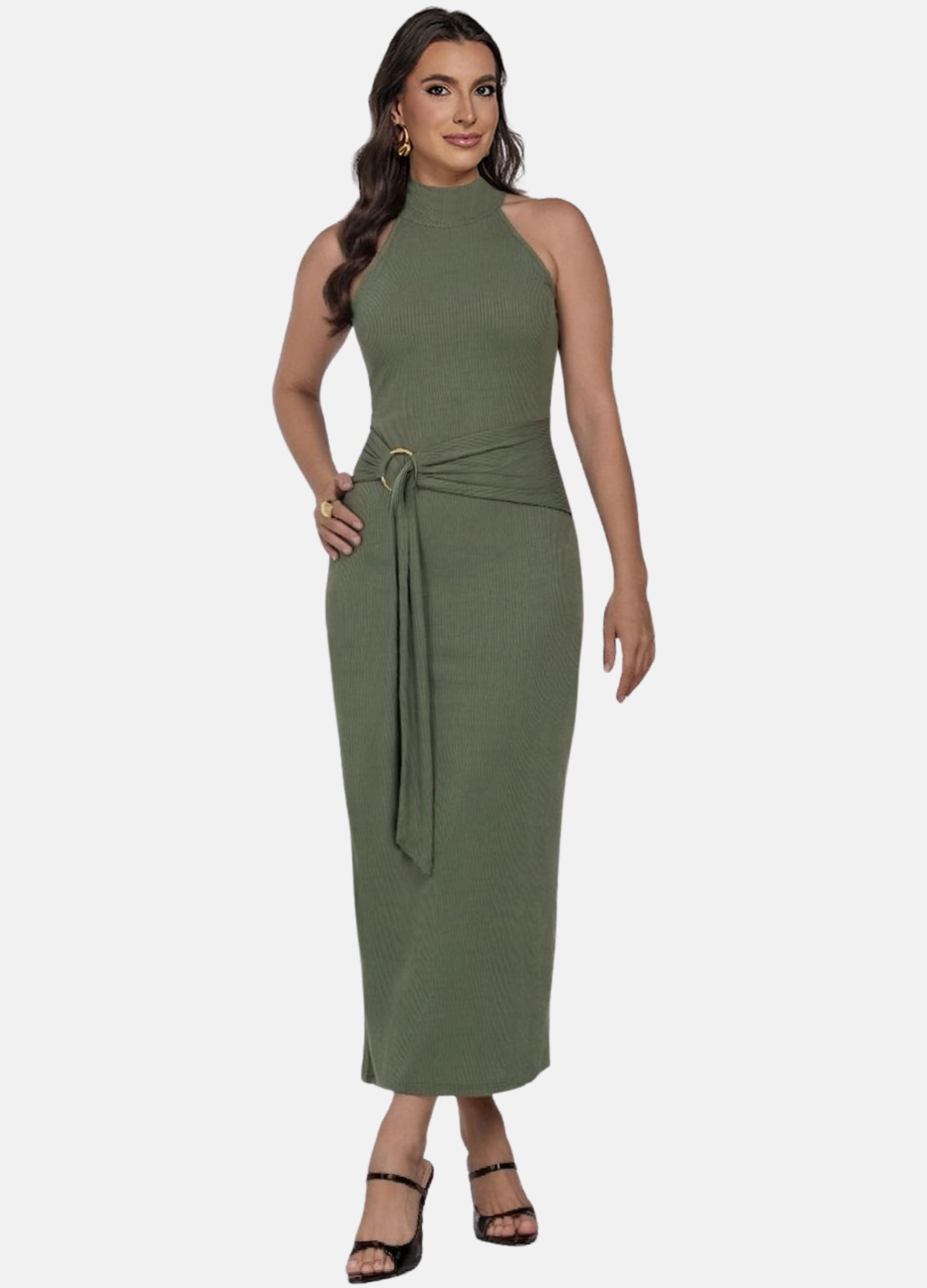 VESTIDO MIDI CANELADO GOLA ALTA COM ARGOLA