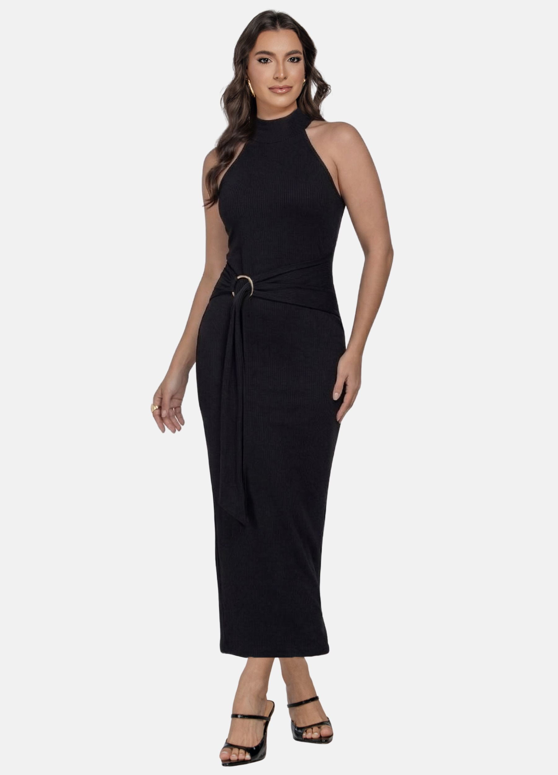 VESTIDO MIDI CANELADO GOLA ALTA COM ARGOLA