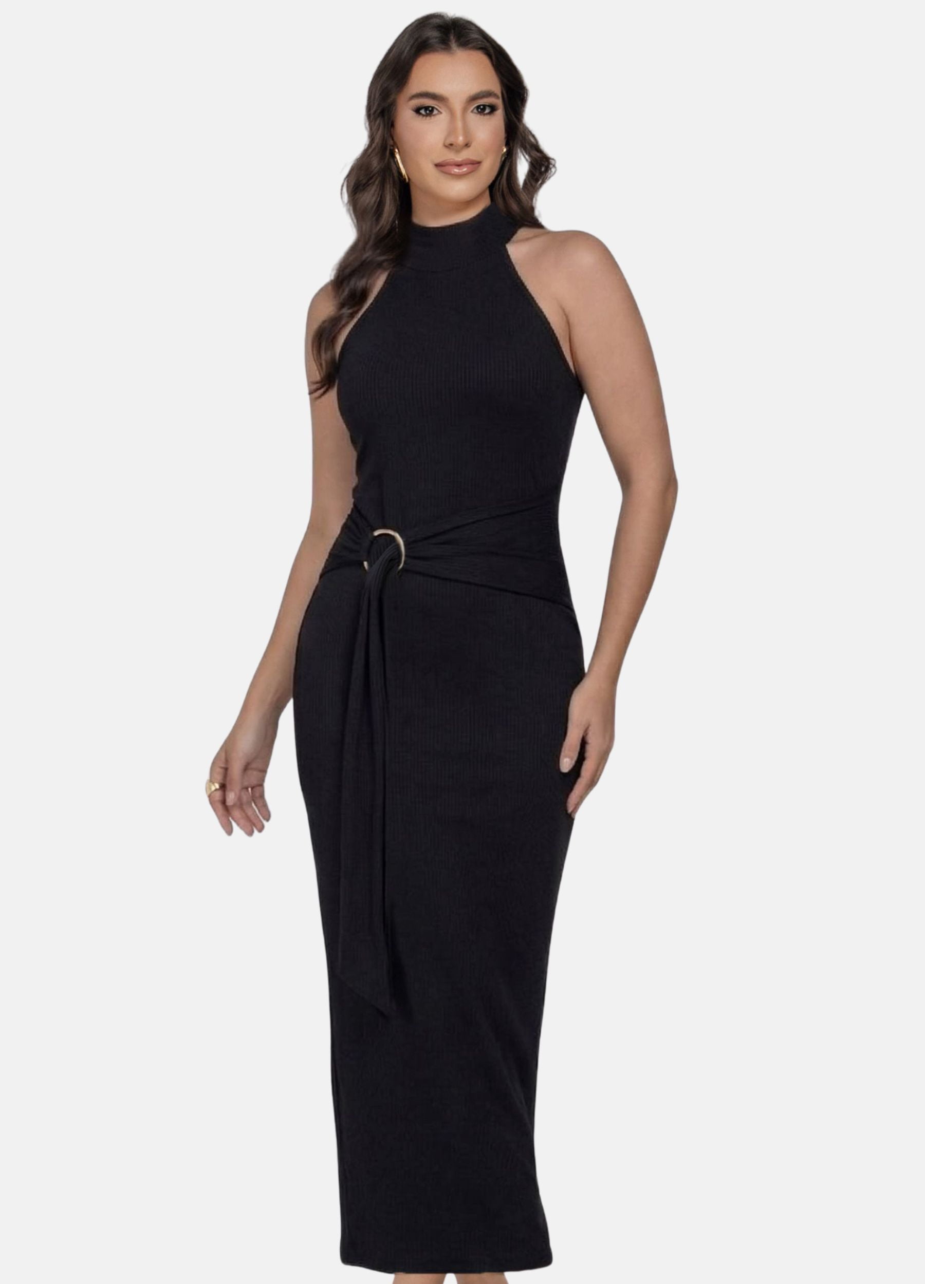 VESTIDO MIDI CANELADO GOLA ALTA COM ARGOLA