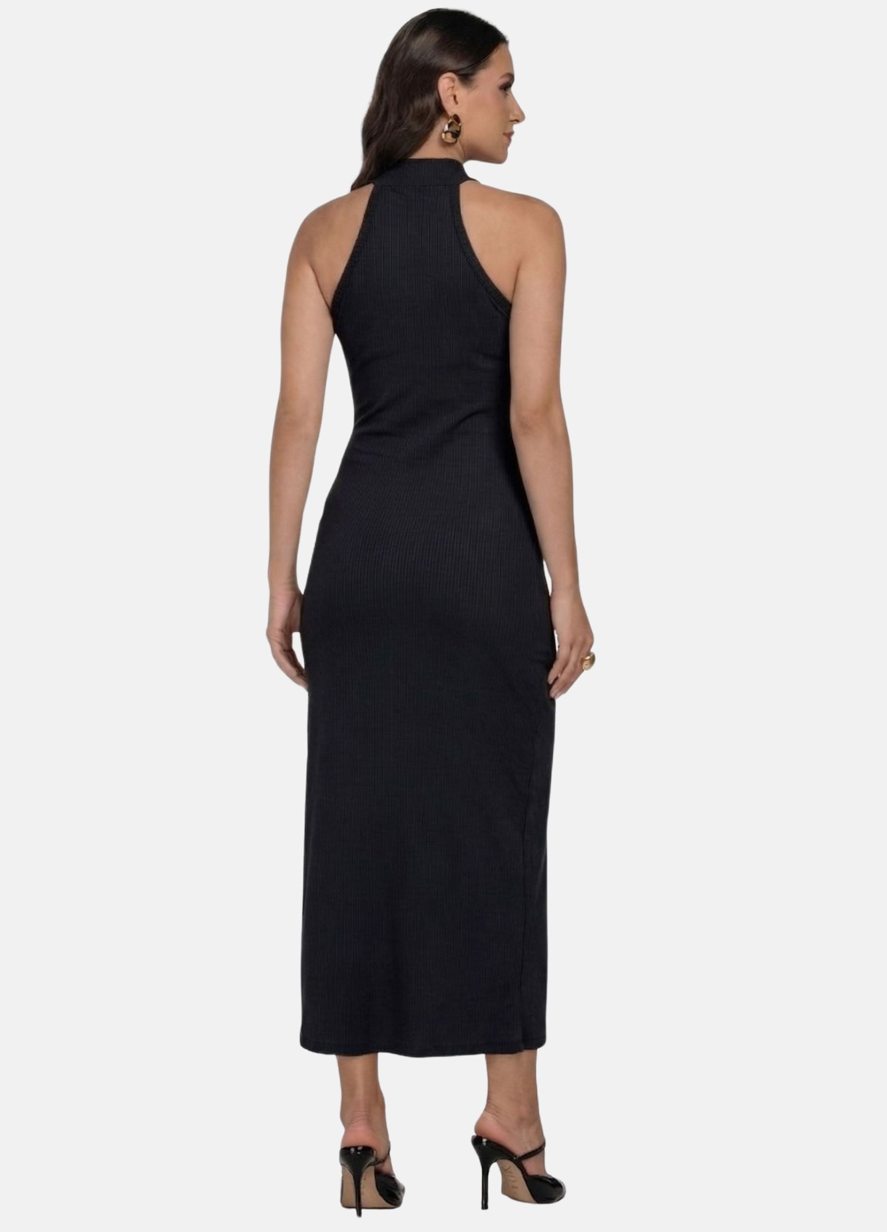 VESTIDO MIDI CANELADO GOLA ALTA COM ARGOLA