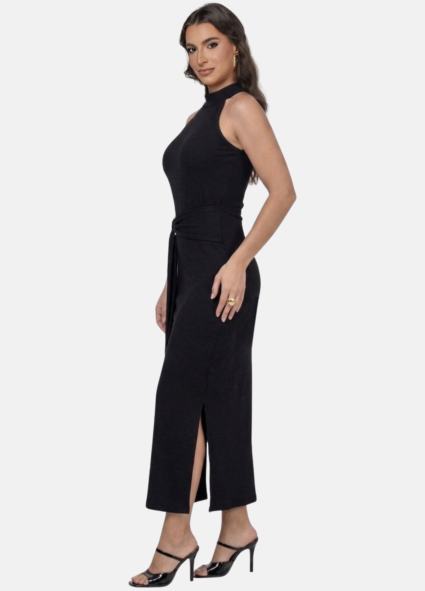 VESTIDO MIDI CANELADO GOLA ALTA COM ARGOLA