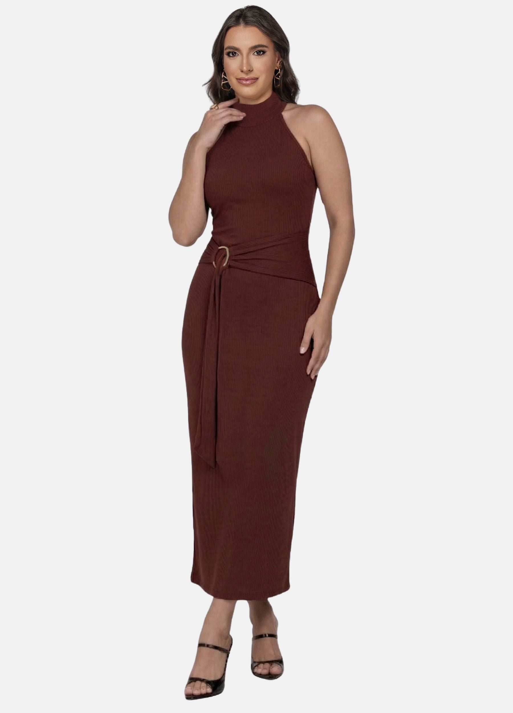 VESTIDO MIDI CANELADO GOLA ALTA COM ARGOLA